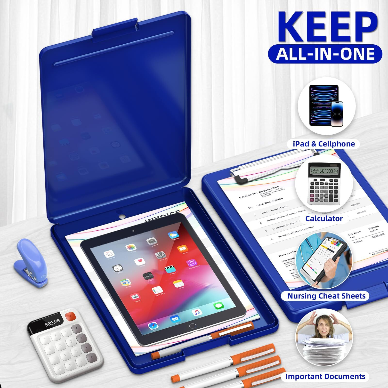 Clipboard With Storage  Plastic Storage Nursing Slim Clipboard With Low Profile Clip  Foldable Letter Size For Nurse  Kid  Salary  Coach  Jobsite  Industrial  Office(9"" X 13"&quotX 0.8""  Blue)