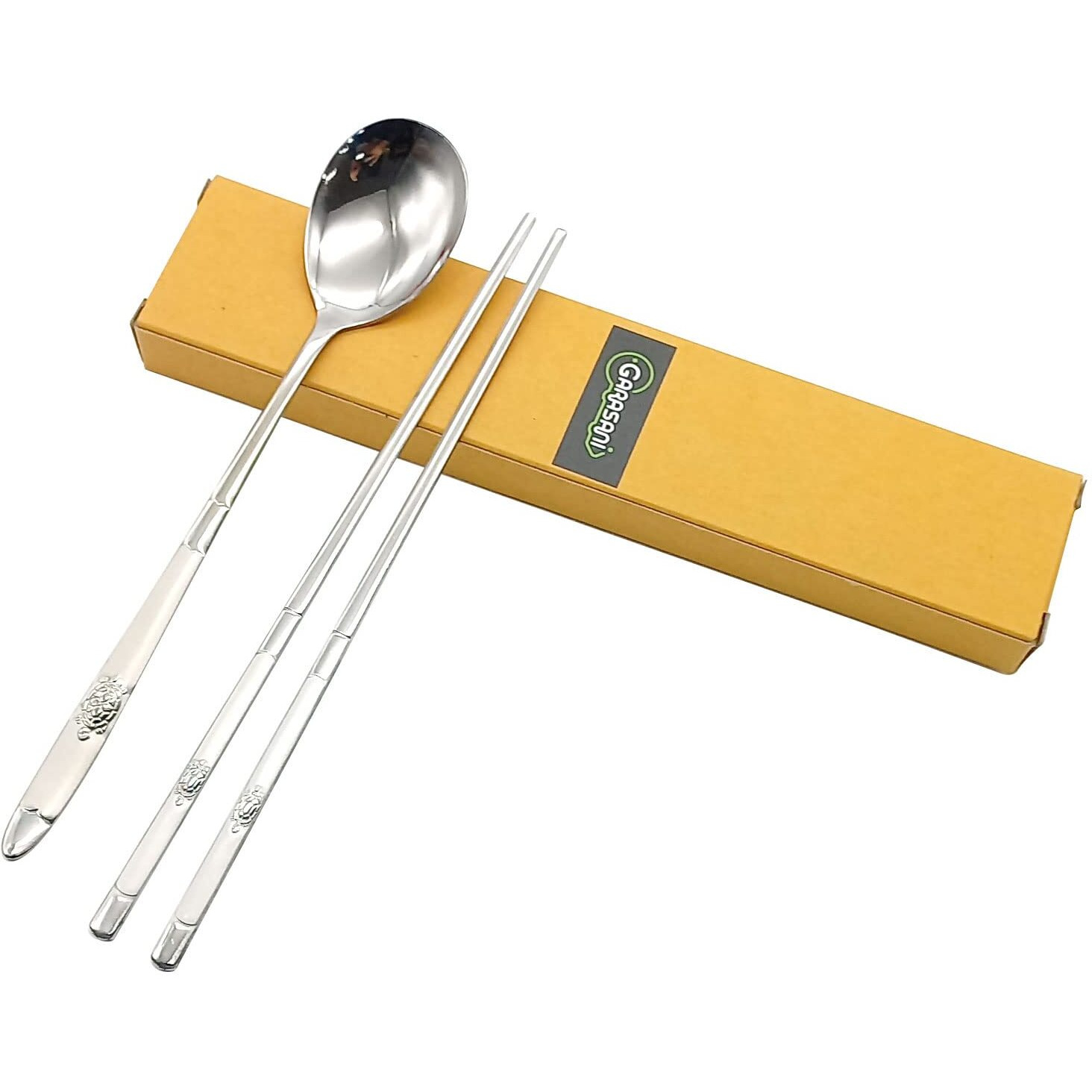 Garasani Korean Traditional Cutlery Stainless Steel Spoons And Chopsticks Set (Silver Turtle)