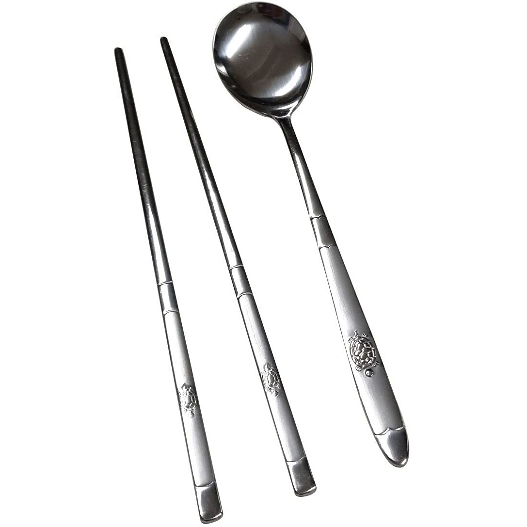 Garasani Korean Traditional Cutlery Stainless Steel Spoons And Chopsticks Set (Silver Turtle)