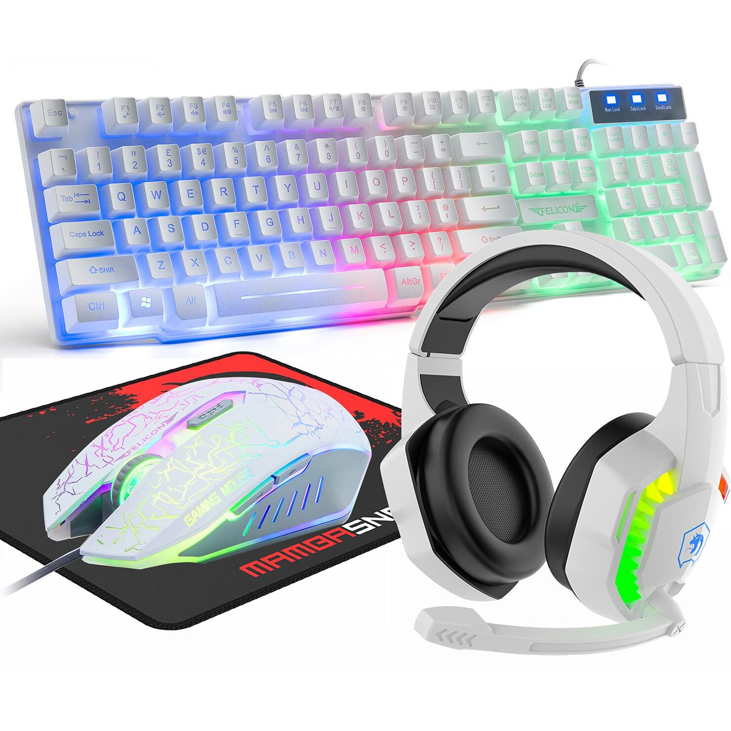 Wired Gaming Keyboard And Mouse Headset Combo Rainbow Led Backlit Wired Keyboard Over Ear Headphone With Mic Rainbow Backlit Gaming Mice Mouse Pad For Pc Laptop Mac Ps4 Xbox(White)