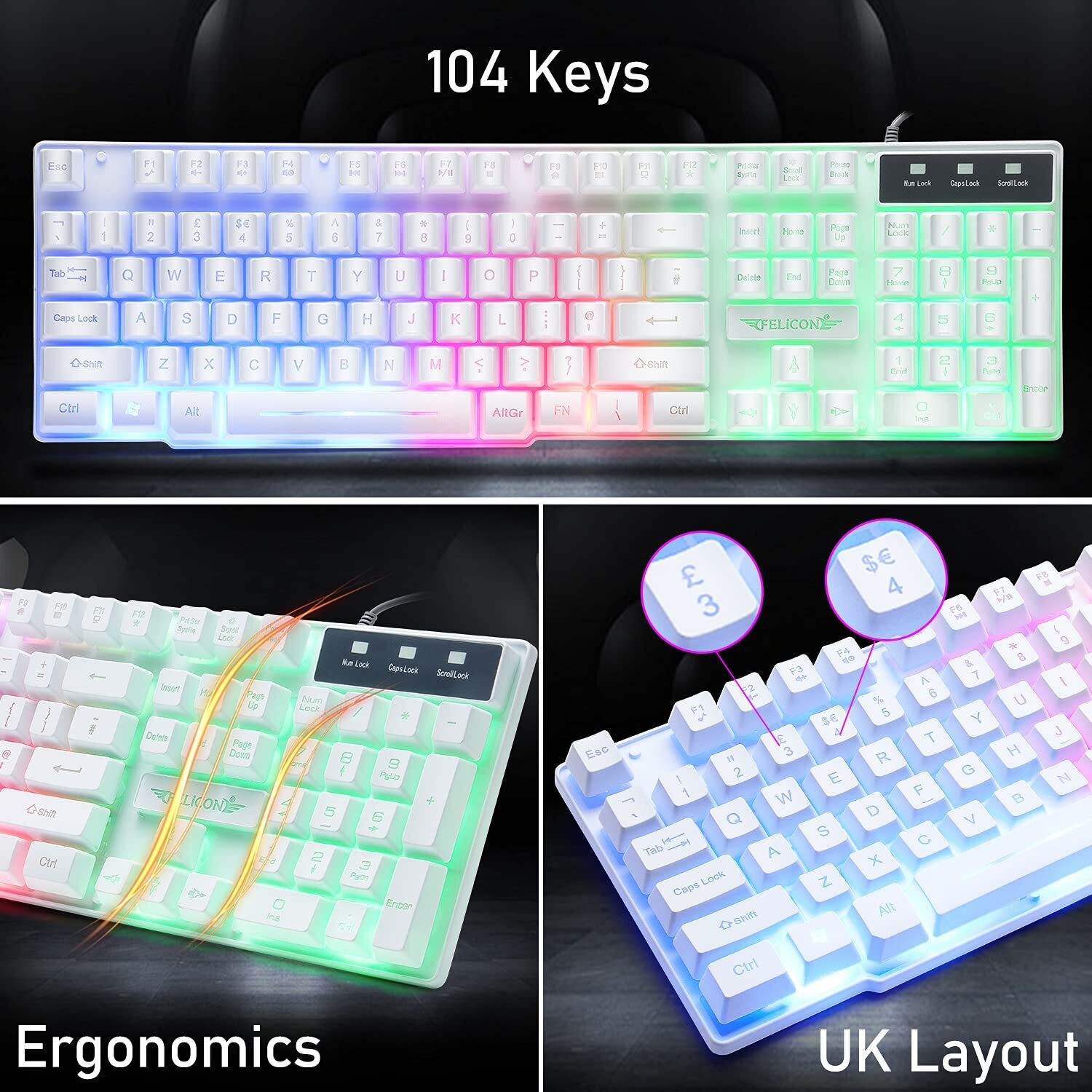 Wired Gaming Keyboard And Mouse Headset Combo Rainbow Led Backlit Wired Keyboard Over Ear Headphone With Mic Rainbow Backlit Gaming Mice Mouse Pad For Pc Laptop Mac Ps4 Xbox(White)