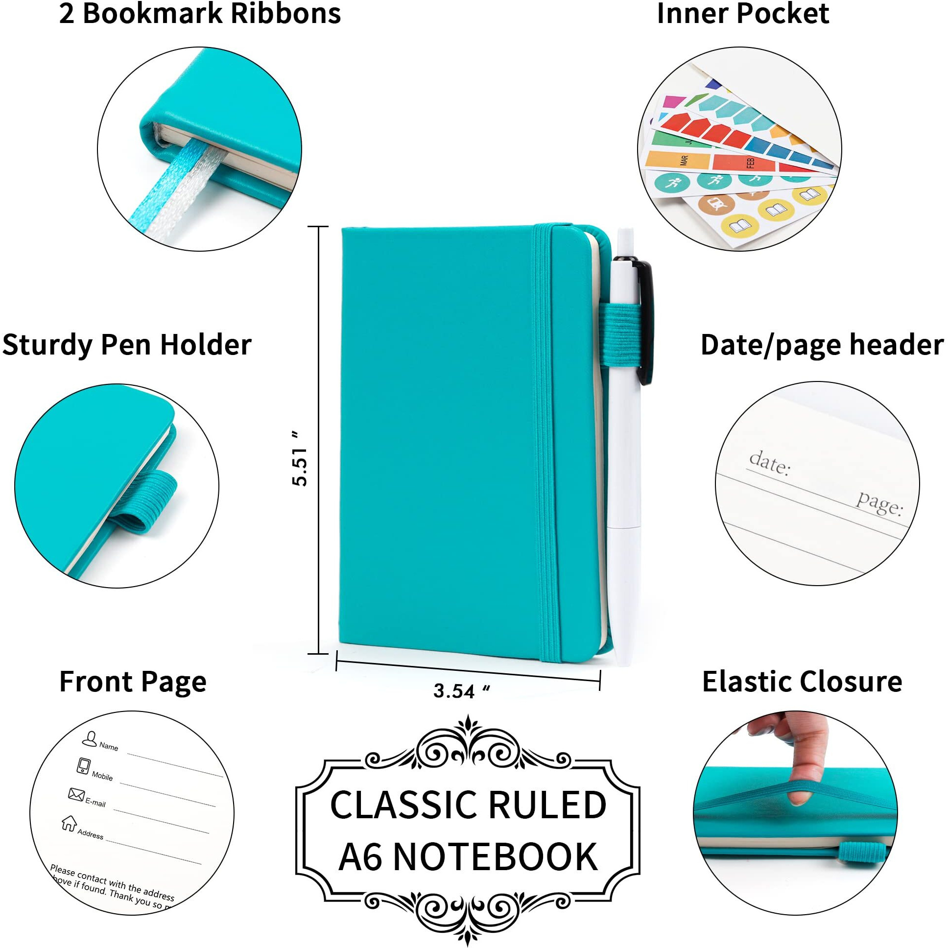 Feela 3 Pack Pocket Notebook Journals With 3 Black Pens  A6 Mini Cute Small Journal Notebook Bulk Hardcover College Ruled Notepad With Pen Holder For Office School Supplies  3.5 X 5.5   Emerald