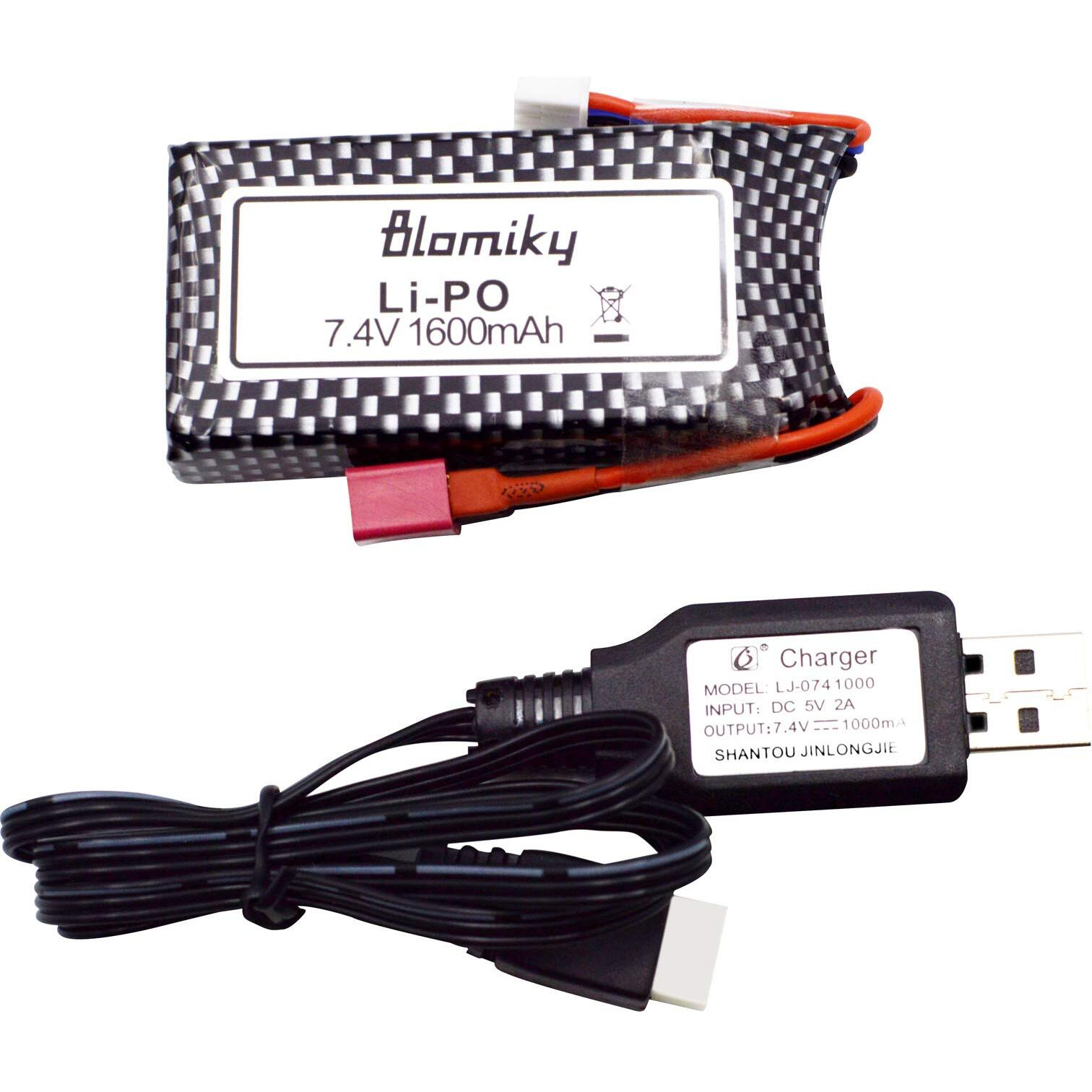Blomiky 1 Pack 11.84Wh 7.4V 1600Mah T Connector Plug Li-Po Battery And Usb Cable For 9125 1/10 Scale 4X4 48Kmh 4X4 Fast Rc Truck Cars 25-Dj02 9125 Battery 1