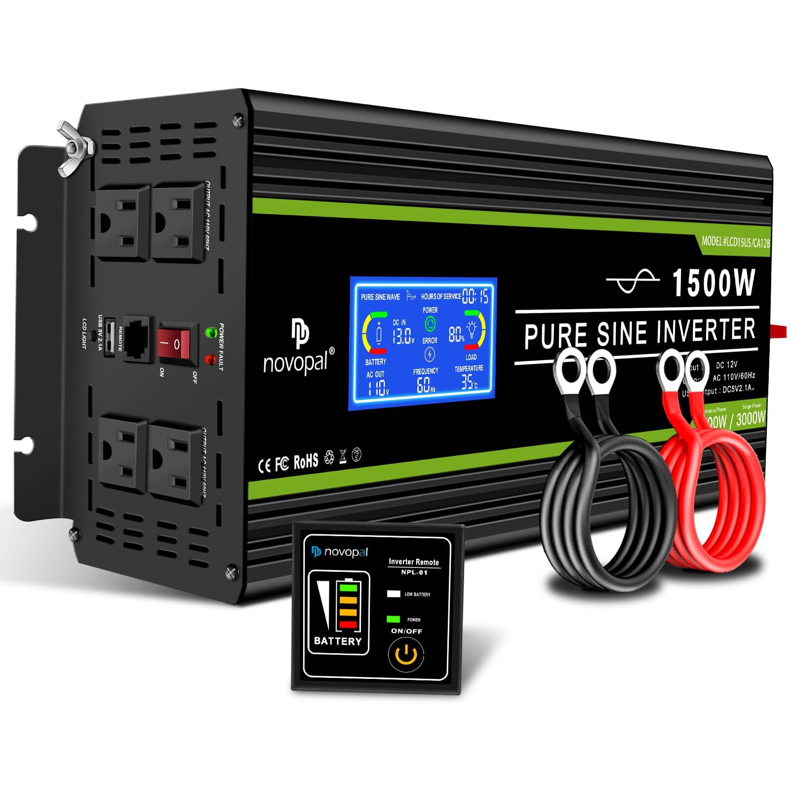 Novopal 1500 Watt Pure Sine Wave Power Inverter Dc 12V To 110V/120V Converter 4 Ac Outlets Car Inverters With Usb Port 16.4 Feet Remote Control And Lcd Display