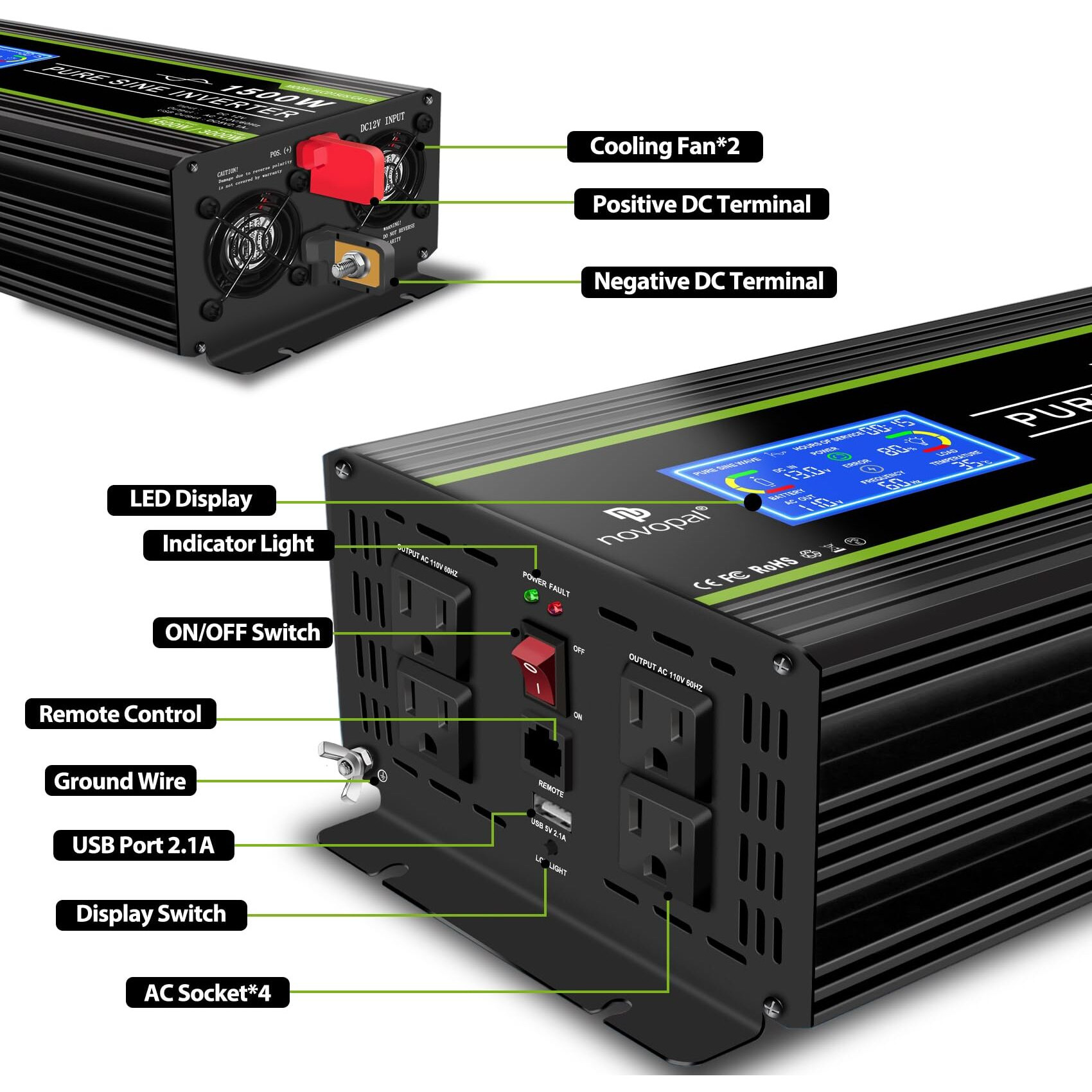 Novopal 1500 Watt Pure Sine Wave Power Inverter Dc 12V To 110V/120V Converter 4 Ac Outlets Car Inverters With Usb Port 16.4 Feet Remote Control And Lcd Display