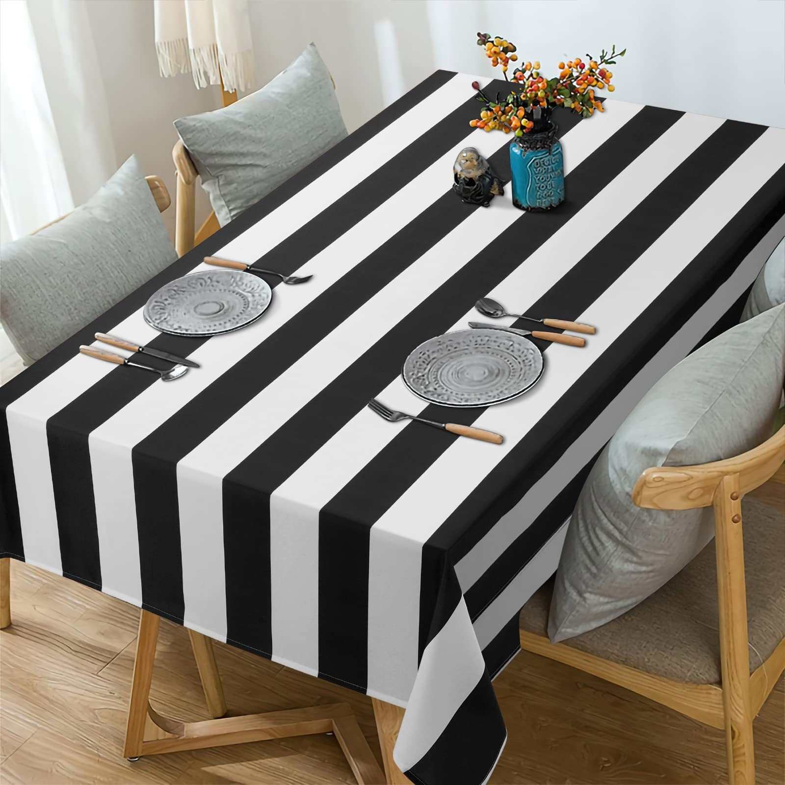 Aspmiz Black And White Striped Tablecloth For Rectangle Tables  Geometric Stripe Waterproof Table Cloth For Kitchen Dining Room  Polyester Tablecloth Rectangle 60  X 120