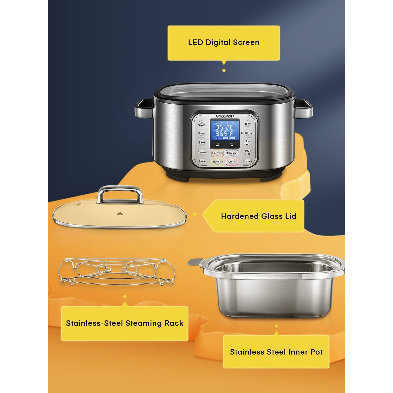 Slow Cooker  Housnat 10 In 1 Programmable Cooker  6Qt Stainless Steel  Rice Cooker  Yogurt Maker  Delay Start  Steaming Rack And Glass Lid  Adjustable Temp&Time For Slow Cook With Digital Timer