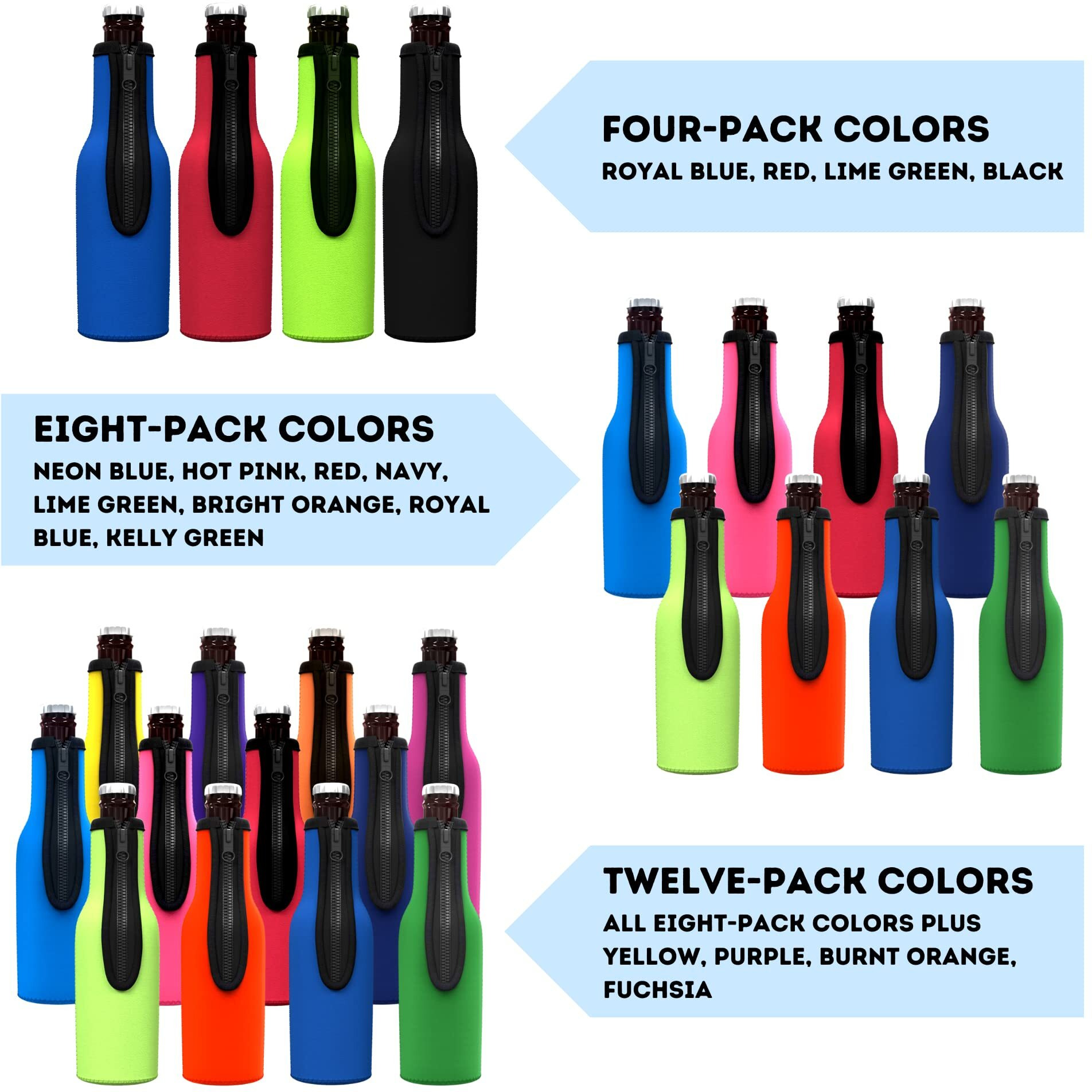 Tahoebay Beer Bottle Insulator Sleeves (Multicolor) Neoprene Coolers With Zipper For 12Oz Longneck Bottles (Multicolor (4-Pack))