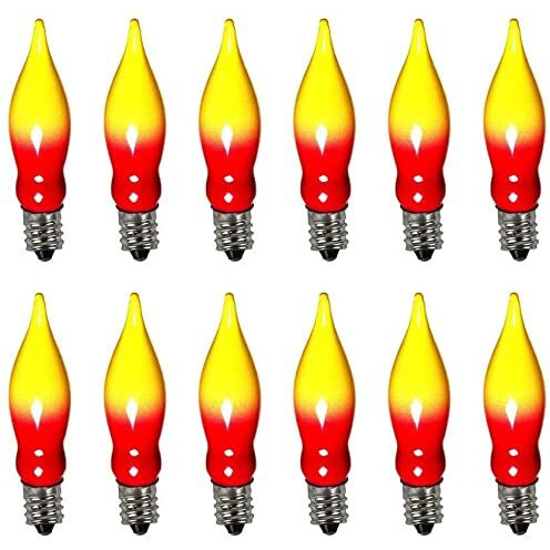 Doratale 12 Pack Christmas Flame Tip Lights Bulb  Red Yellow Flame Shaped Bulb For Candle Lamps  Outdoor C18 String Light  C7/E12 Candelabra Base Flame Light Bulbs  7 Watt  120 Volt- Red/Yellow