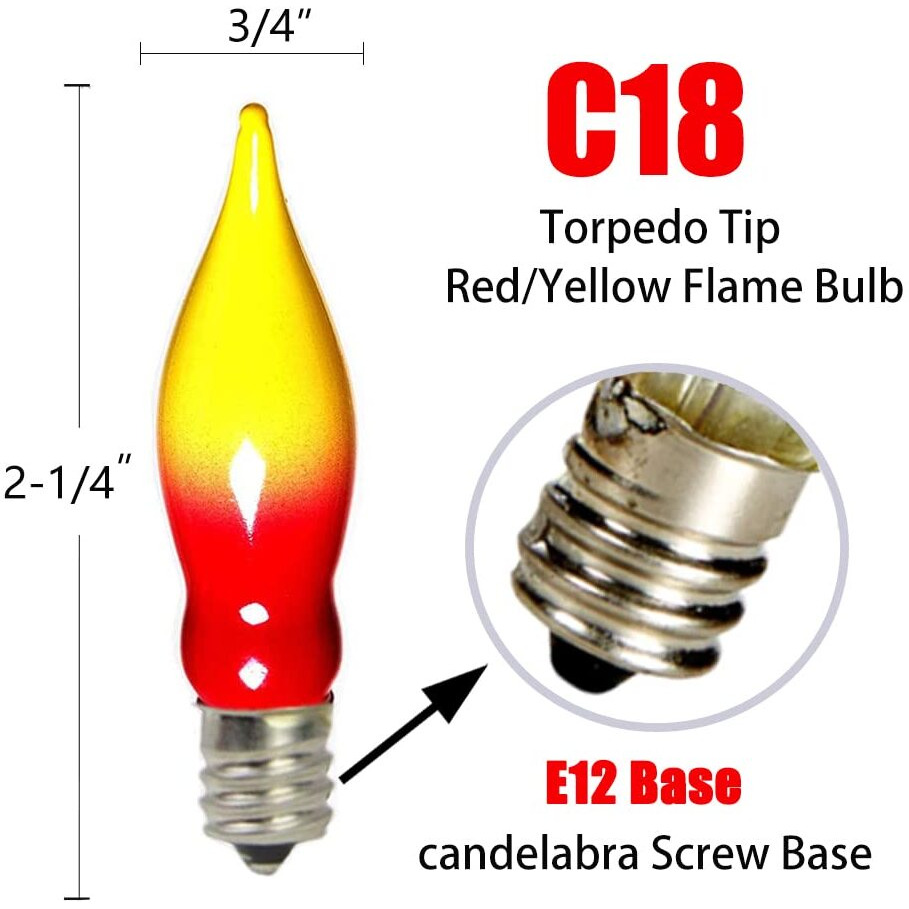Doratale 12 Pack Christmas Flame Tip Lights Bulb  Red Yellow Flame Shaped Bulb For Candle Lamps  Outdoor C18 String Light  C7/E12 Candelabra Base Flame Light Bulbs  7 Watt  120 Volt- Red/Yellow