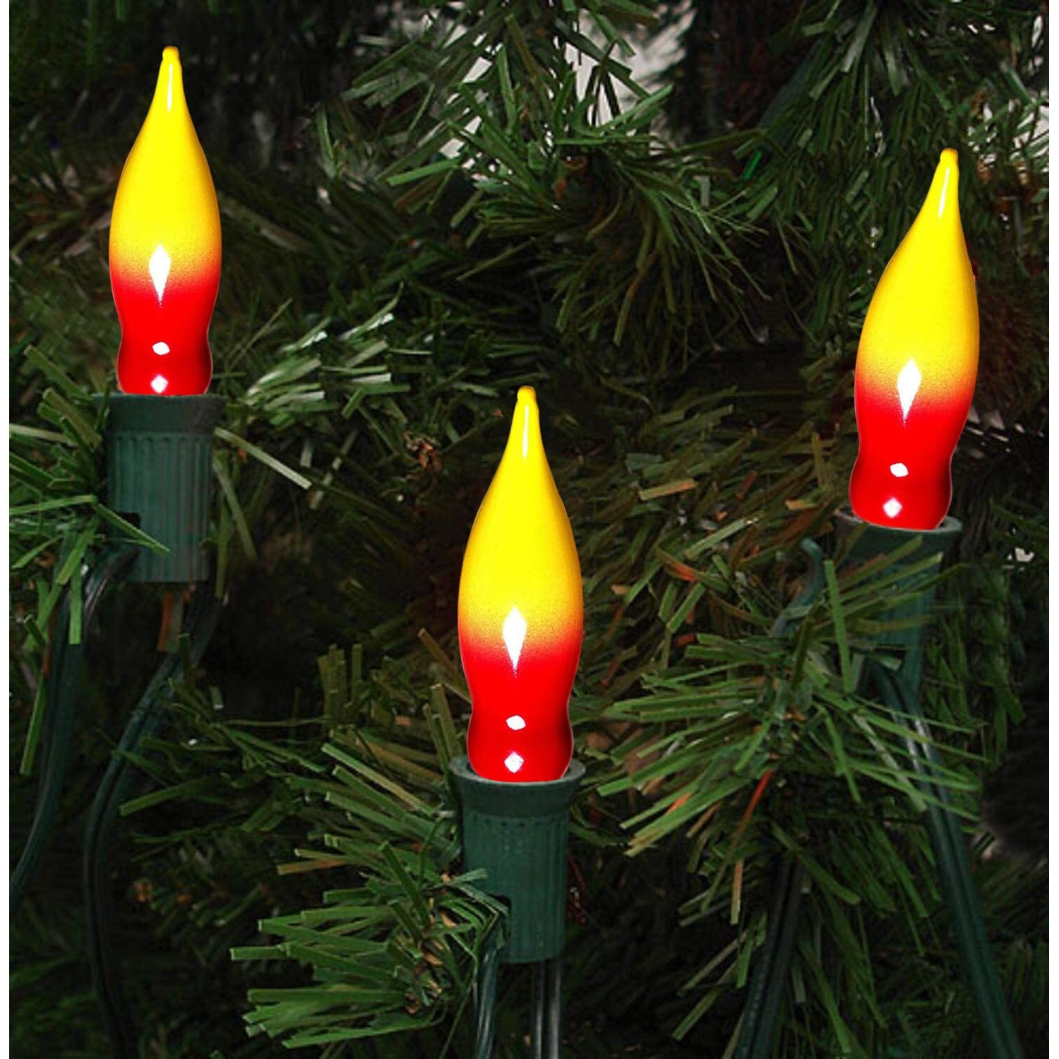 Doratale 12 Pack Christmas Flame Tip Lights Bulb  Red Yellow Flame Shaped Bulb For Candle Lamps  Outdoor C18 String Light  C7/E12 Candelabra Base Flame Light Bulbs  7 Watt  120 Volt- Red/Yellow