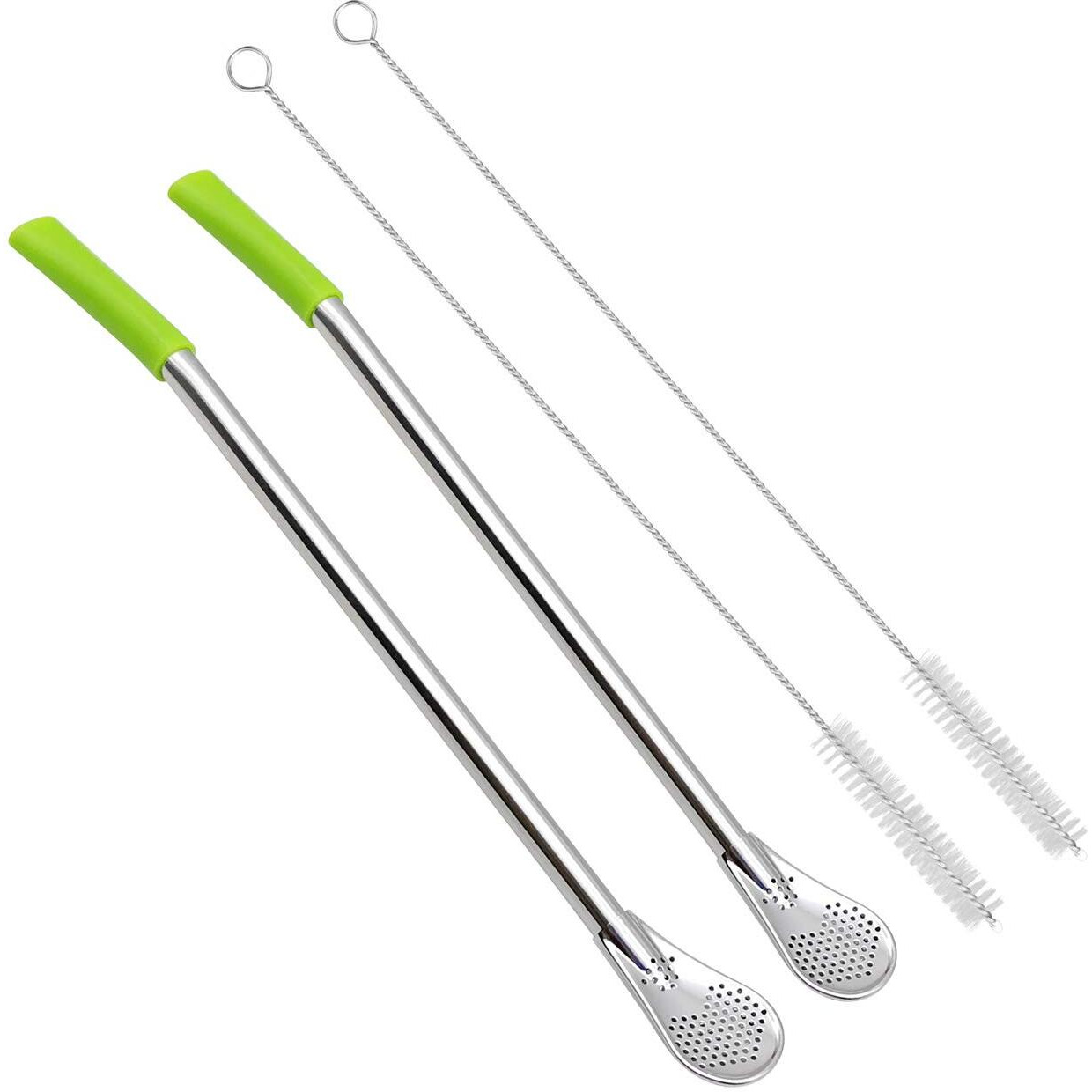 Gfdesign 8.3 Inches Long Yerba Mate Bombilla Gourd Drinking Filter Straws Soft Heatproof Silicone Tips Food-Grade 18/8 Stainless Steel & Silicone - Set Of 2 With Silicone Tips & Cleaning Brushes