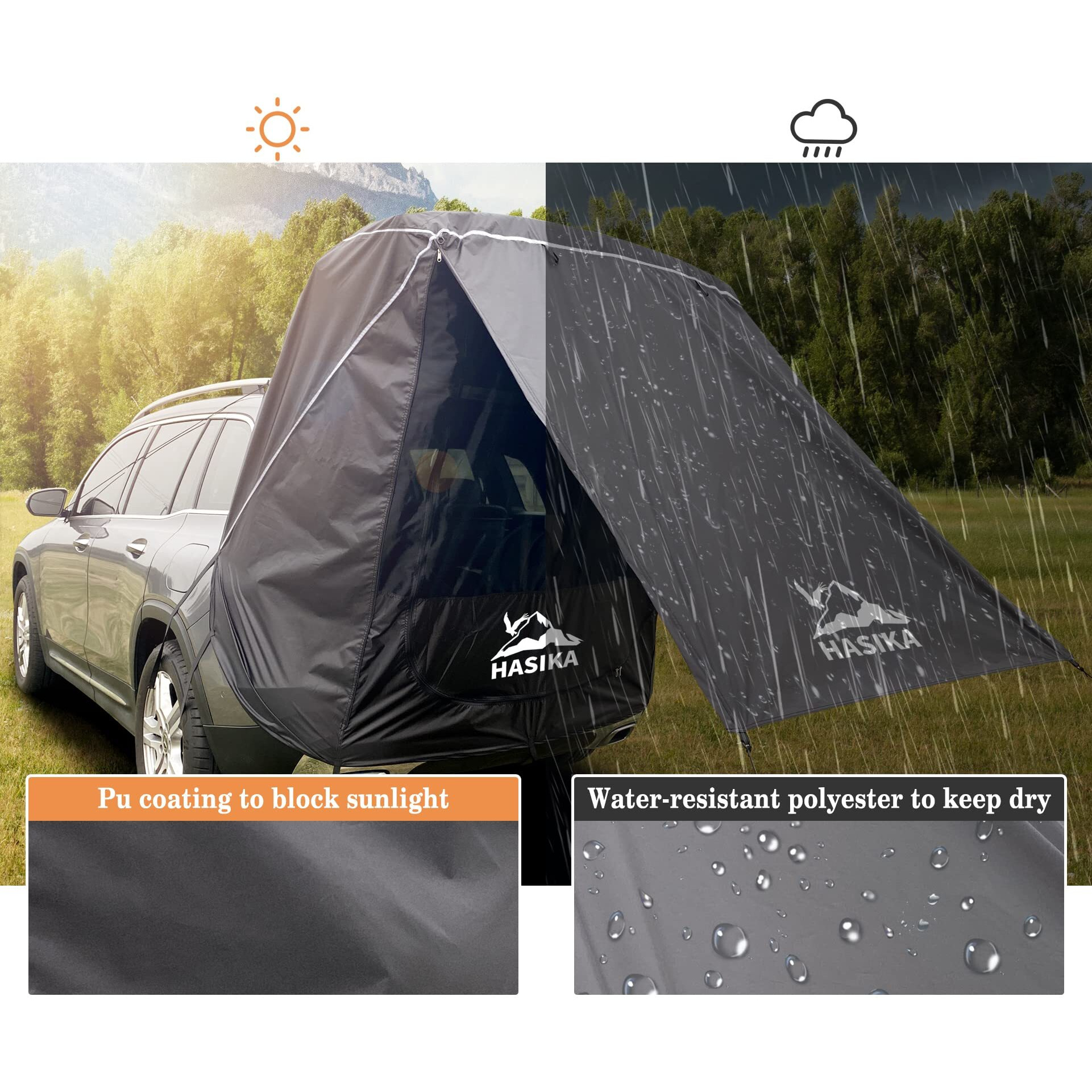 Hasika Suv Camping Tent Car Tailgate Shade Awning With Screen Net Midsize To Full Size Suv Van Waterproof 3000 Mm Upf 50+ Black (Small)