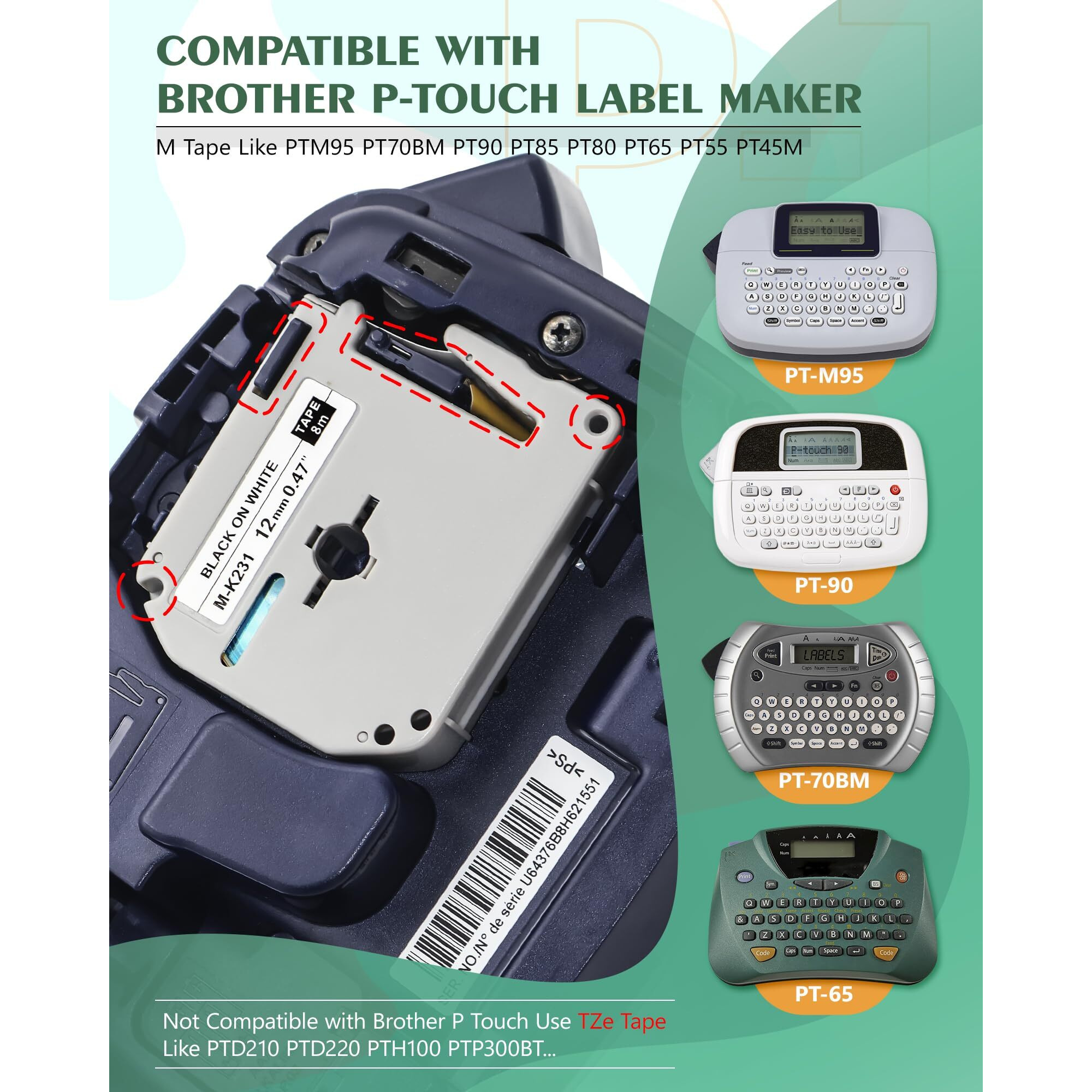 Titbit 6-Pack Colorful M Tape Replacement For Brother Label Maker Tape M-K231S 12Mm 0.47 Mk 131 431 531 631 731 For P-Touch Label Maker Pt-M95 Pt-60 Pt-90 Pt-65 Pt-70Bm Pt-85 1/2"" X 26.2'