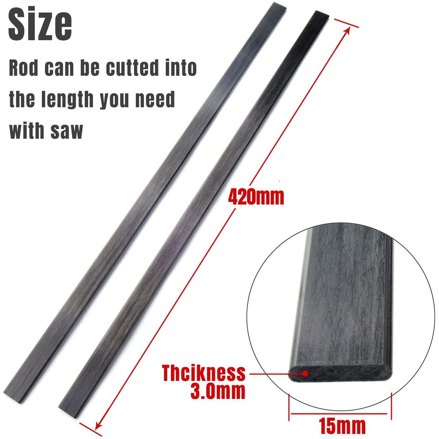 Cncarbonfiber 2Pcs 3X15Mm Length 420Mm Flat Carbon Fiber Bars Pultruded Carbon Fiber Strips 3.0X15X420Mm(2Pcs)