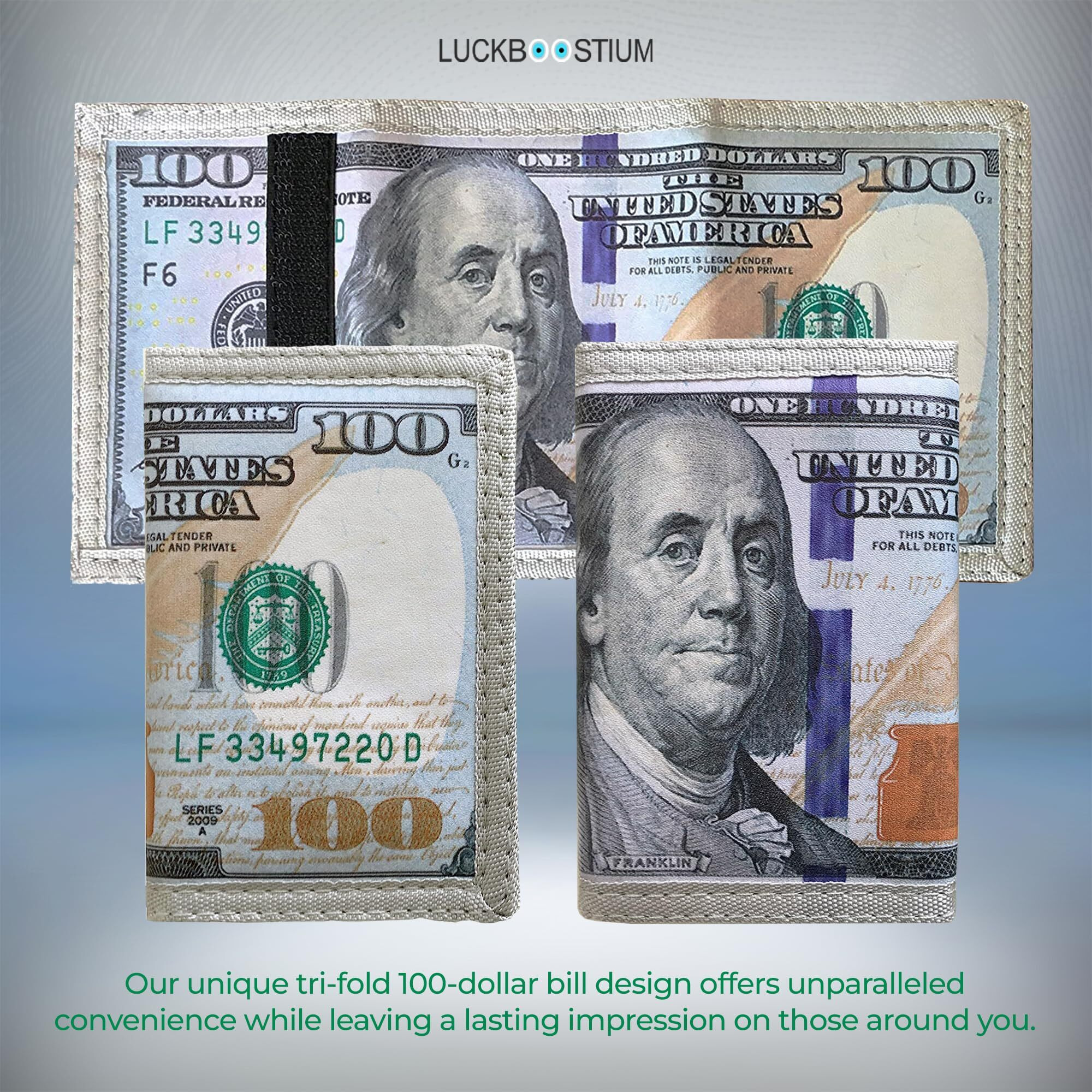 Luckboostium Wealth In Style 100 Dollar Trifold Wallet - Unique Printed Design With Card Slot And Id Window - Flaunt Your Fortune With Fashion