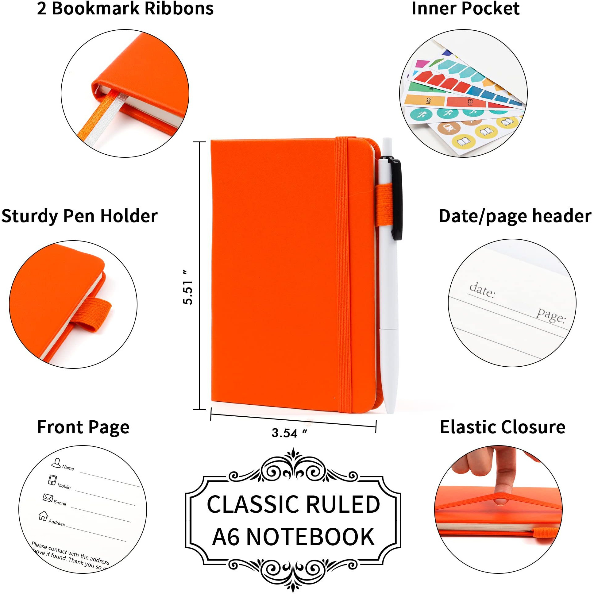 Feela 3 Pack Pocket Notebook Journals With 3 Black Pens  A6 Mini Cute Small Journal Notebook Bulk Hardcover College Ruled Notepad With Pen Holder For Office School Supplies  3.5 X 5.5   Orange