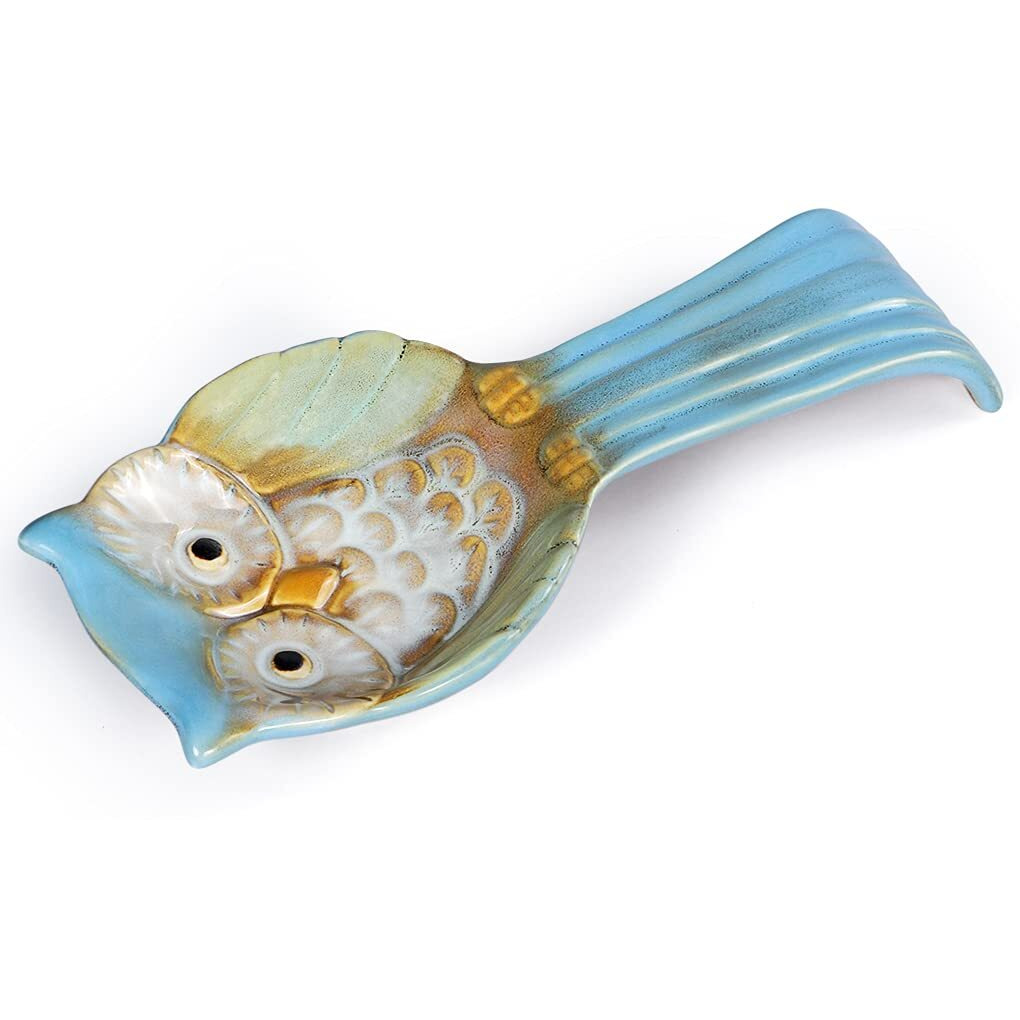 Sanbege Owl Spoon Rest  Ceramic Ladle Holder  Utensil Rester For Stove Top  Kitchen Counter  Dining Table  Coffee Station (Blue)