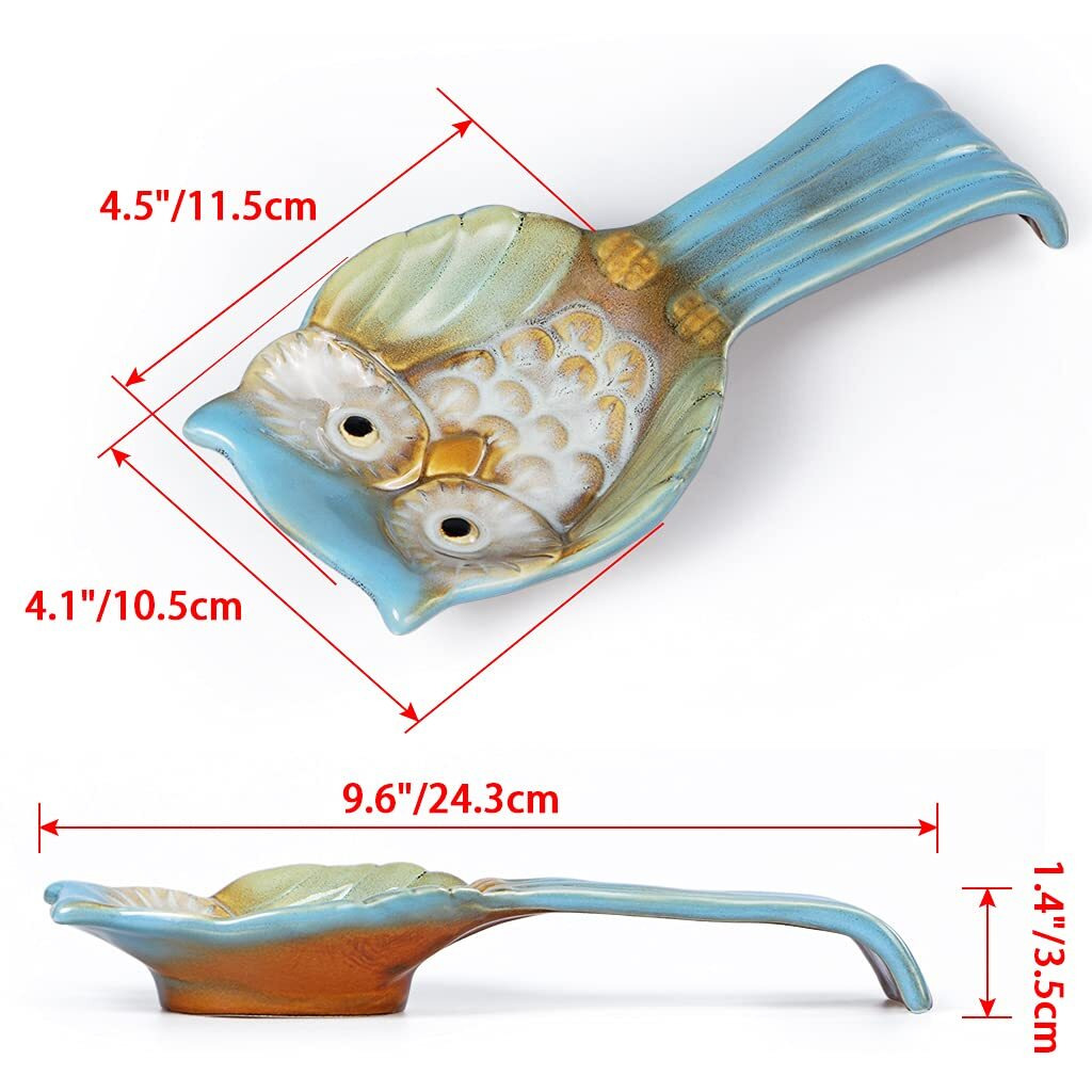 Sanbege Owl Spoon Rest  Ceramic Ladle Holder  Utensil Rester For Stove Top  Kitchen Counter  Dining Table  Coffee Station (Blue)