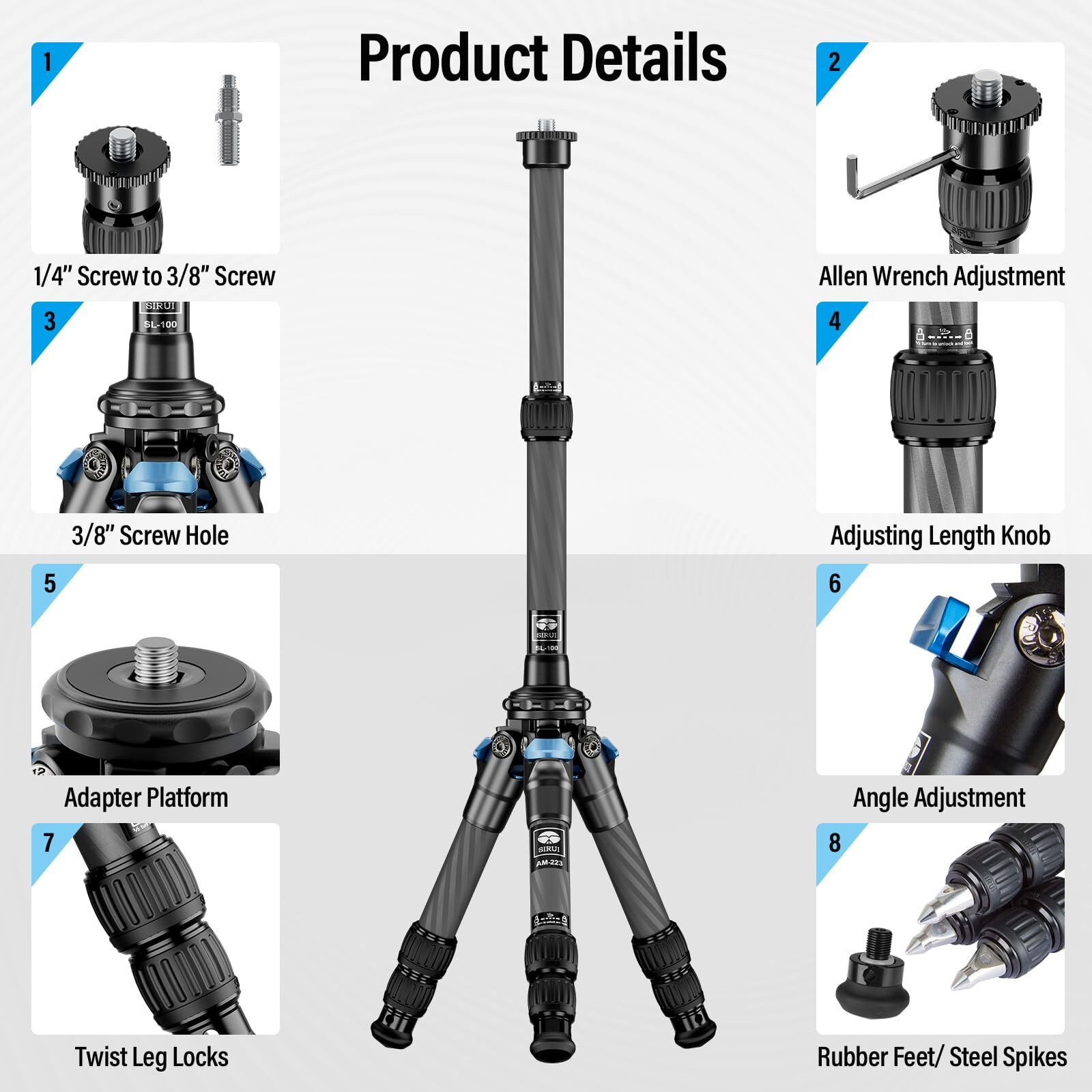 Sirui Carbon Fiber Mini Travel Tripod With Two-Section Carbon Center Column  Max Height 26""  Load Up To 33Lbs (Am-223+Sl-100)