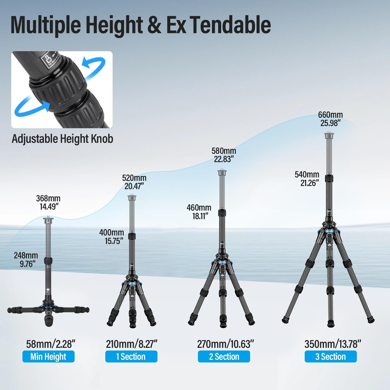 Sirui Carbon Fiber Mini Travel Tripod With Two-Section Carbon Center Column  Max Height 26""  Load Up To 33Lbs (Am-223+Sl-100)