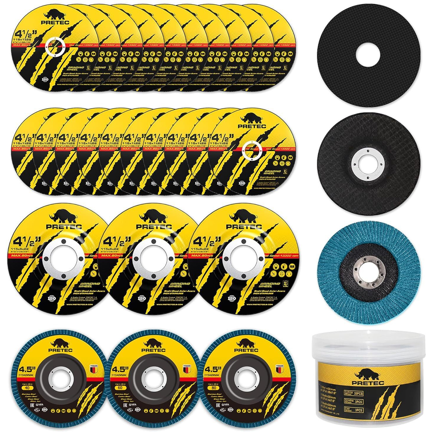 Pretec 26 Packs Angle Grinder Cutting Flap Grinding Disc Wheel 4 1/2In Inches - 20 Packs 4.5"&quotX1/4"&quotX7/8"" Cut Off Wheels 3 Packs 4.5"&quotX7/8"" 60 Grit Flap Discs  3 Packs 4.5"&quotX1/25"&quotX7/8"" Grinding Wheels