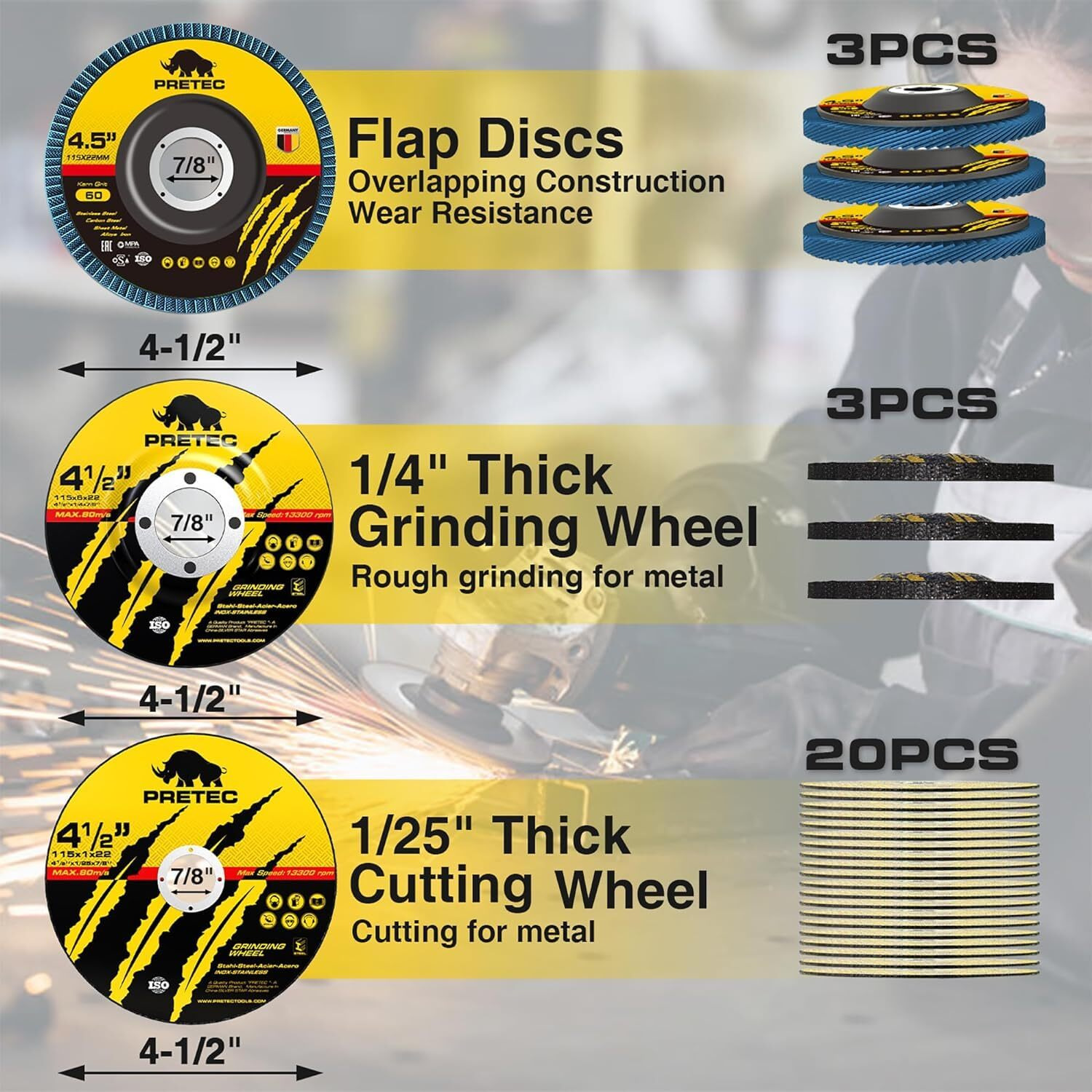 Pretec 26 Packs Angle Grinder Cutting Flap Grinding Disc Wheel 4 1/2In Inches - 20 Packs 4.5"&quotX1/4"&quotX7/8"" Cut Off Wheels 3 Packs 4.5"&quotX7/8"" 60 Grit Flap Discs  3 Packs 4.5"&quotX1/25"&quotX7/8"" Grinding Wheels