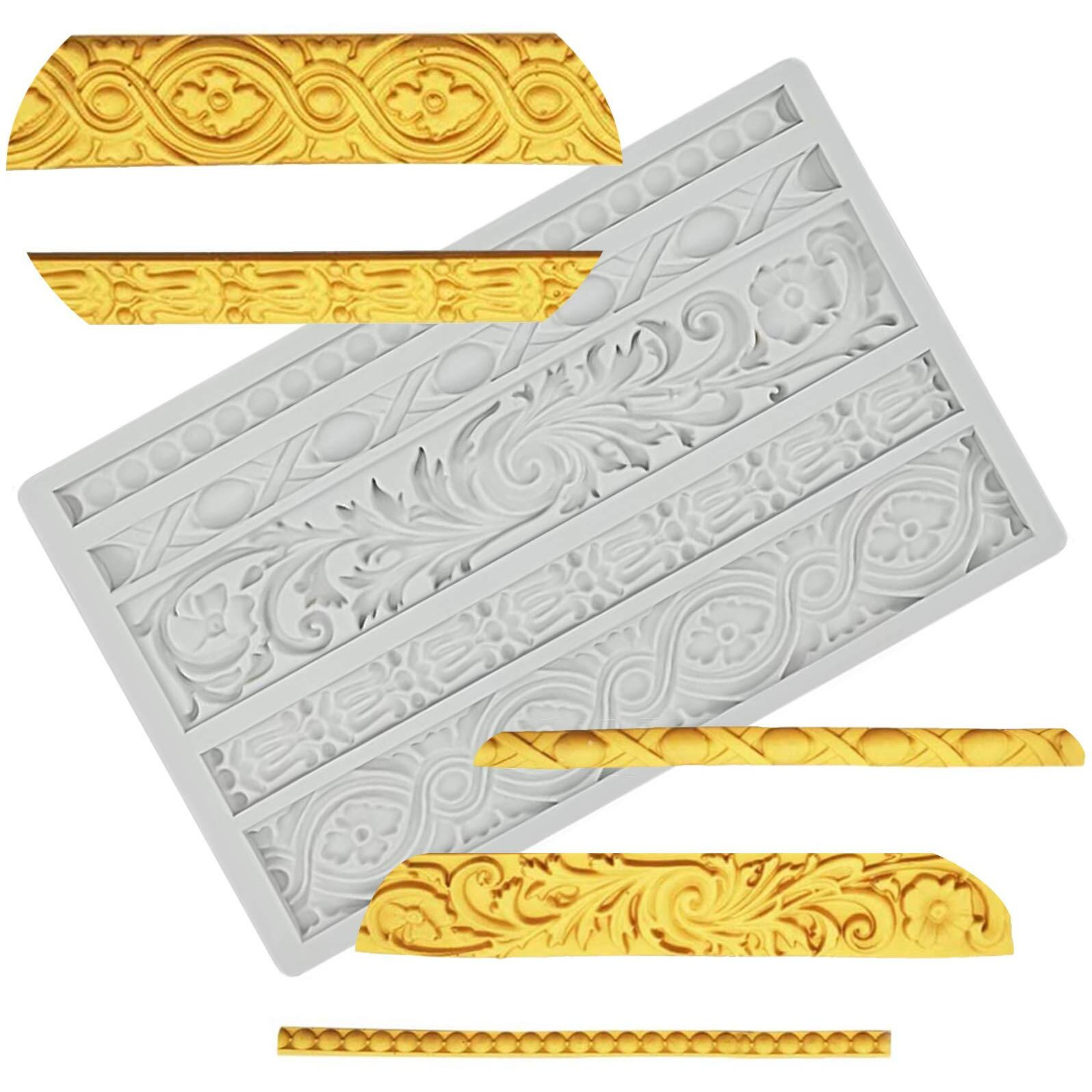 Palksky Diy Baroque Scroll Relief Cake Border Silicone Mold/Vintage Curlicues Fondant Molds Flower Frame Edible Lace Mould Mat For Birthday Candy Chocolate Sugarcraft Gum Paste Decorating Tool