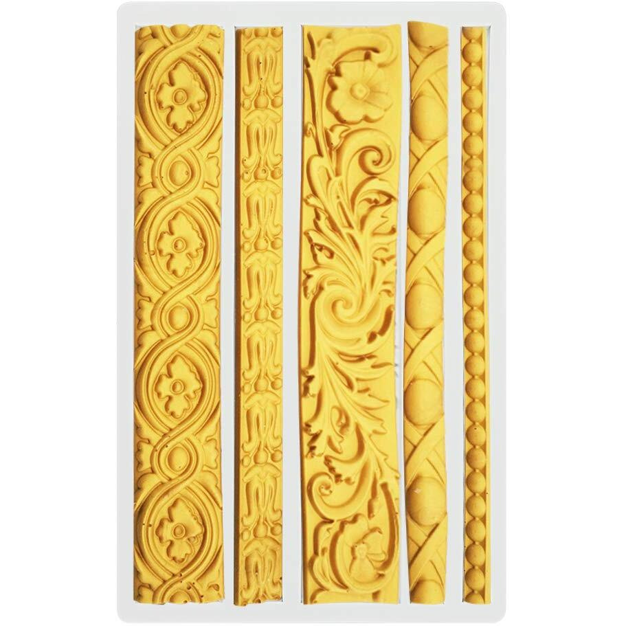Palksky Diy Baroque Scroll Relief Cake Border Silicone Mold/Vintage Curlicues Fondant Molds Flower Frame Edible Lace Mould Mat For Birthday Candy Chocolate Sugarcraft Gum Paste Decorating Tool