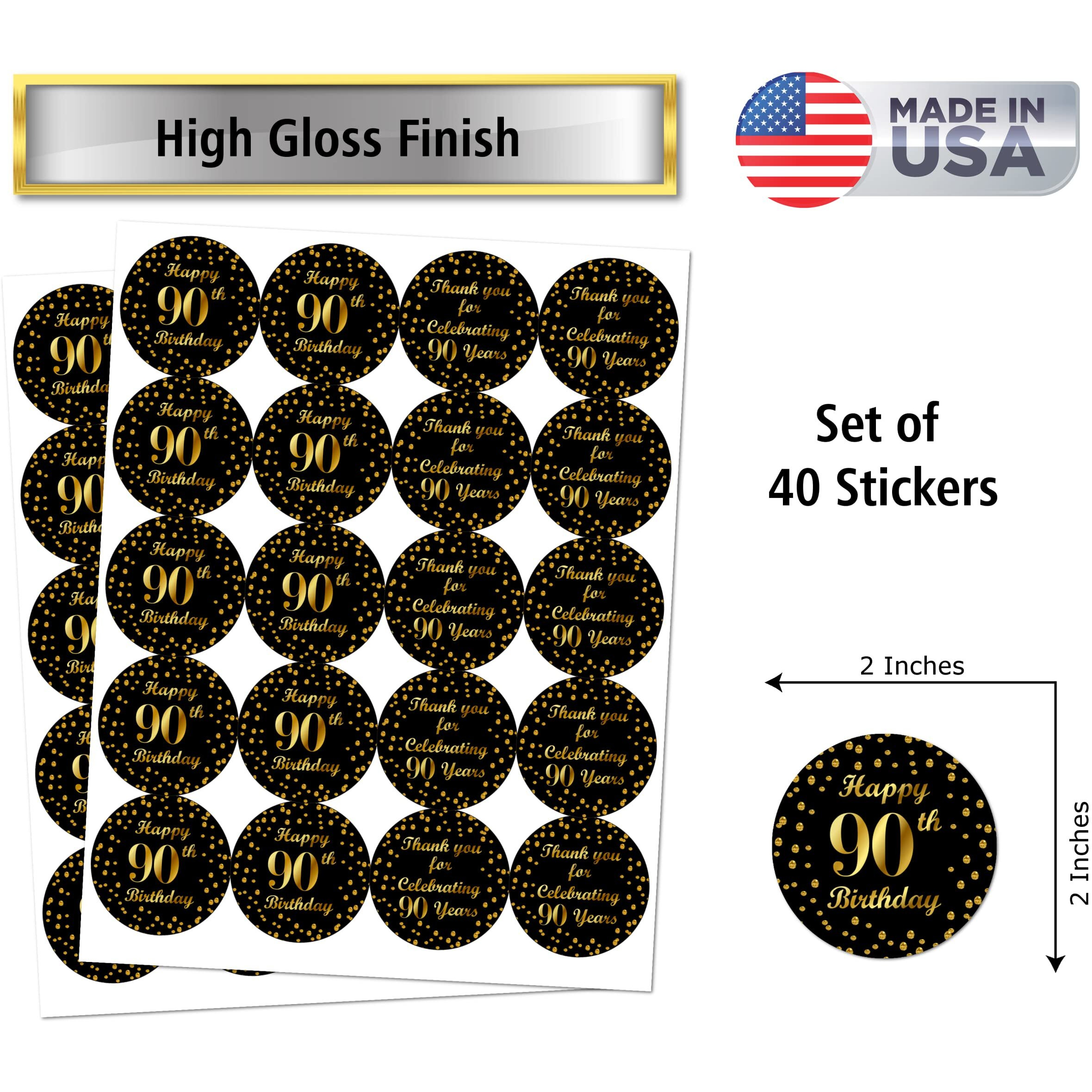 90Th Birthday Round 2 Inch Big Glossy Stickers  Thank You For Celebrating 90 Years Black And Gold Labels  Great For Party Favors  Decorations  Tags  Gift Bags And Supplies. Made In Usa