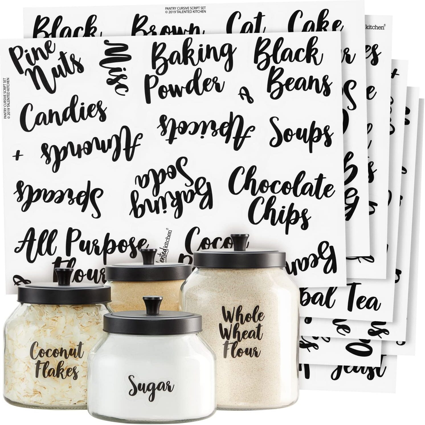 Talented Kitchen 135 Pantry Labels For Food Containers  Clear Preprinted Pantry Labels For Organizing Storage Canisters & Jars  Black Cursive Numbers Stickers (Water Resistant)