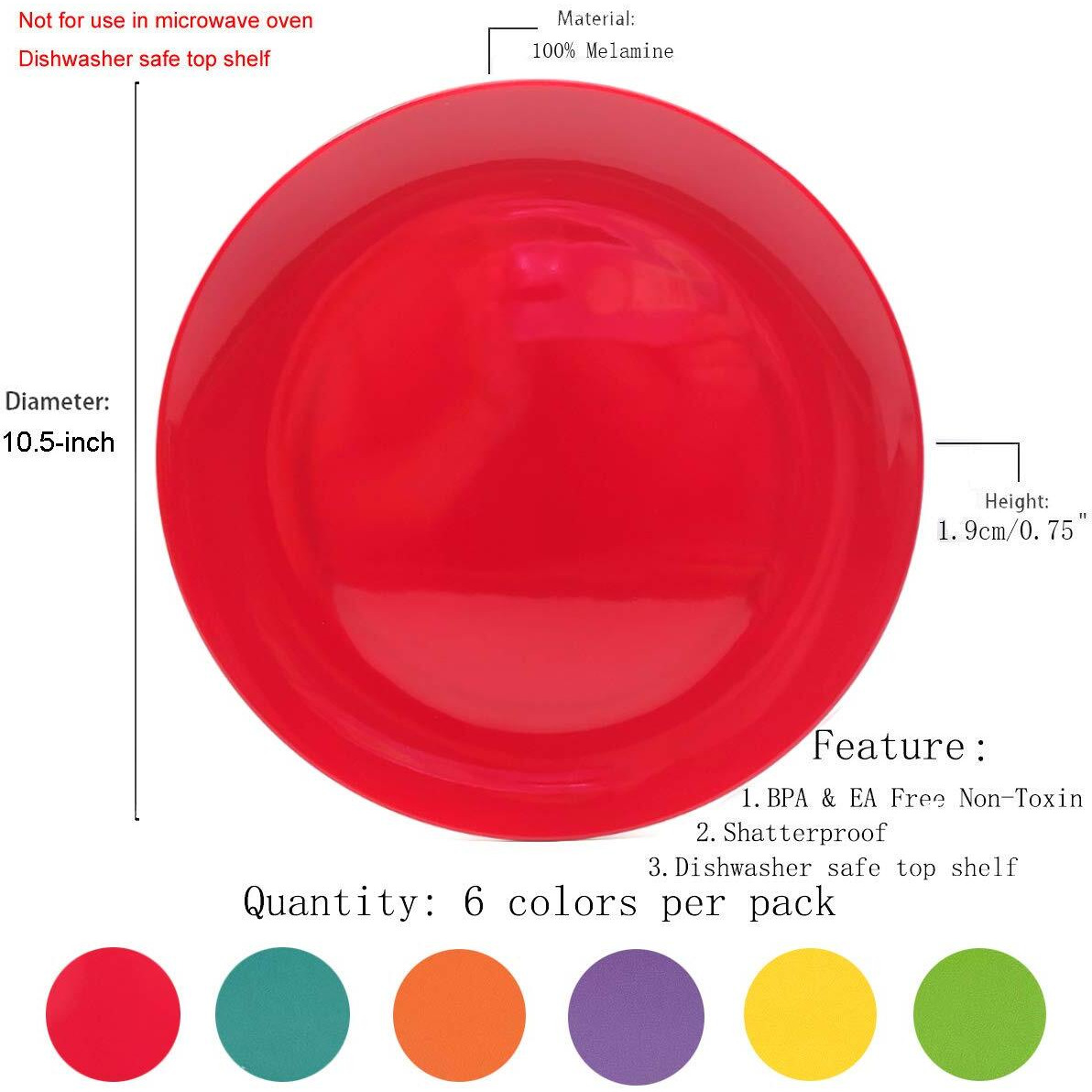 Koxin-Karlu Melamine Plates  10.5-Inch Dinner Plates Dinnerware Dish  Set Of 6 In 6 Assorted Colors | 100% Melamine  Dishwasher Safe  Bpa Free