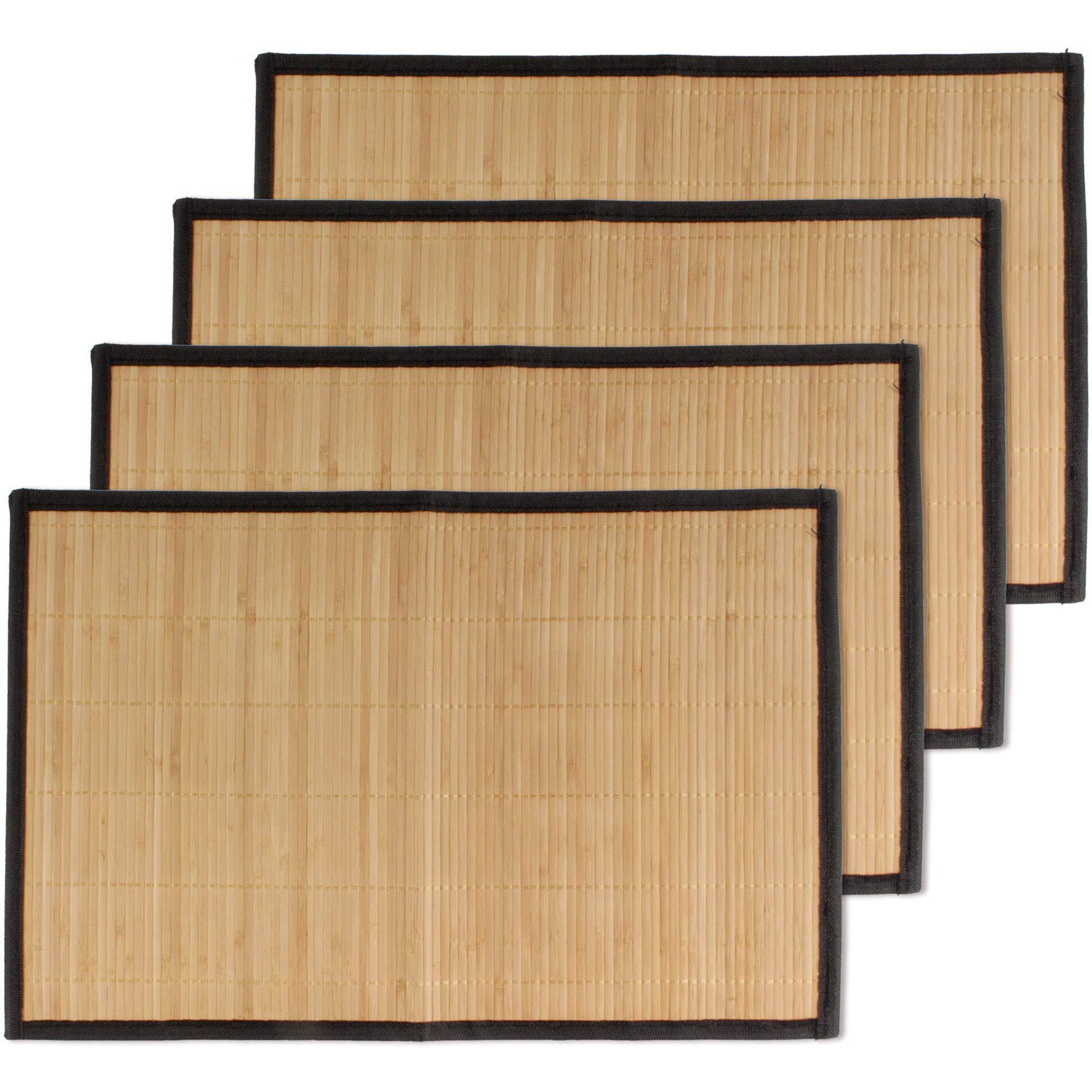 Bamboomn Bamboo Slats Placemat With Fabric Border - Solid Color Print - 17.5"" X 12"" - Brown With Black Border  4 Pcs