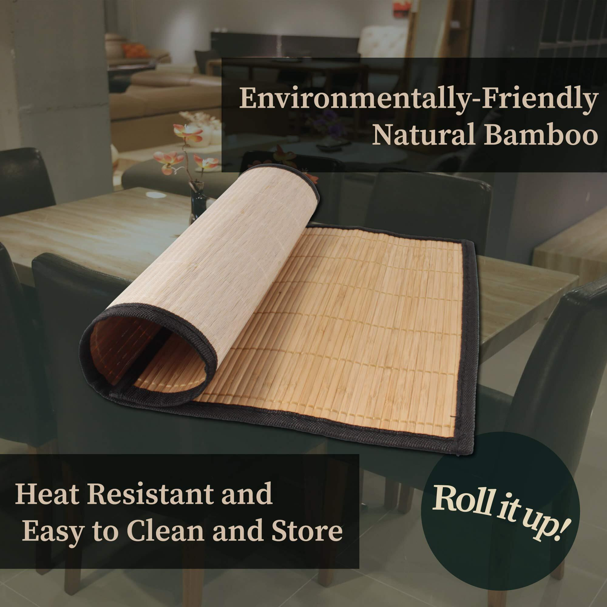Bamboomn Bamboo Slats Placemat With Fabric Border - Solid Color Print - 17.5"" X 12"" - Brown With Black Border  4 Pcs
