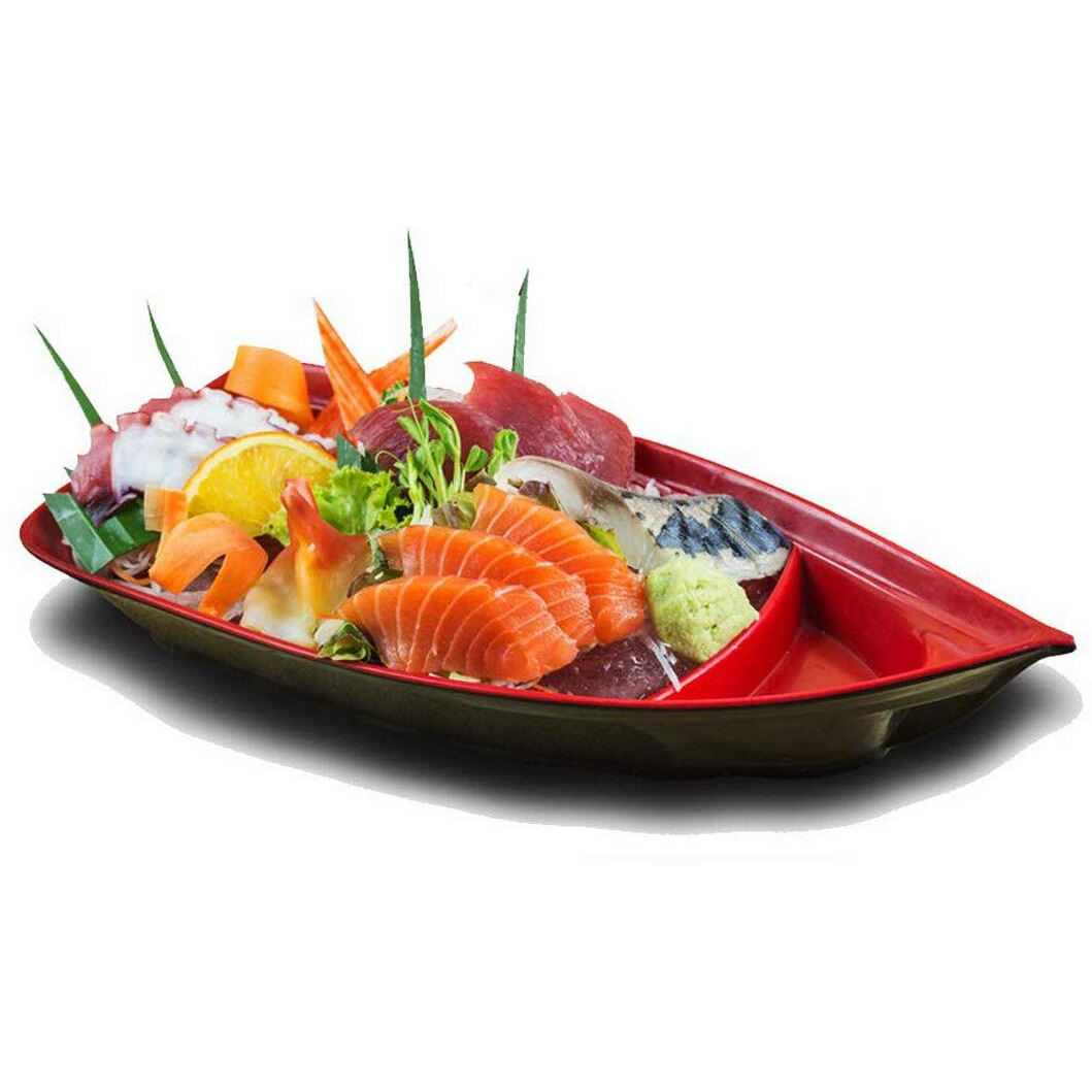 Happy Sales Hssb-10Rb  Sushi Boat Shape Plate Sushi Sashimi Serving Plate Melamine Plastic Tray 10 X 4.5 Inch (Red Black)