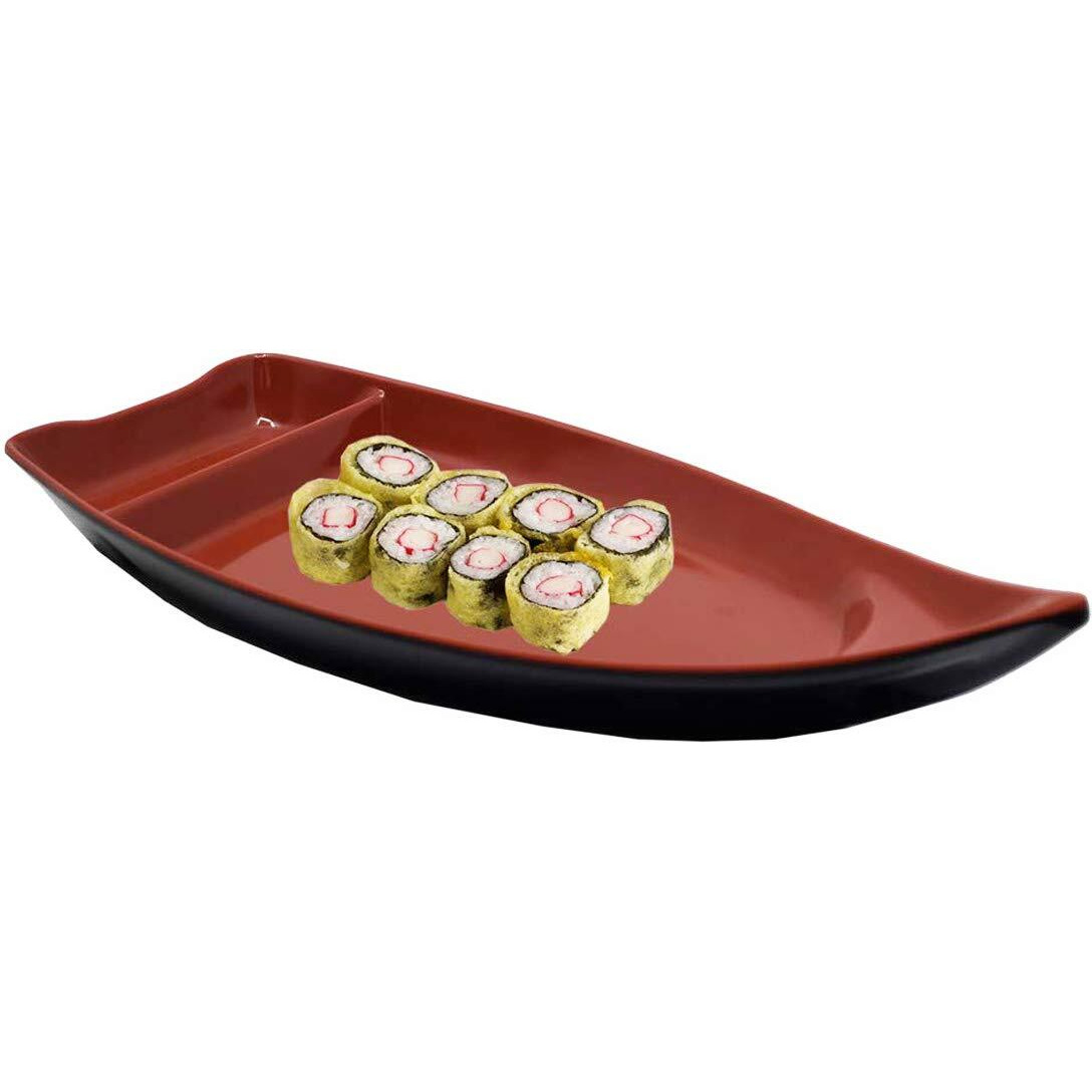 Happy Sales Hssb-10Rb  Sushi Boat Shape Plate Sushi Sashimi Serving Plate Melamine Plastic Tray 10 X 4.5 Inch (Red Black)