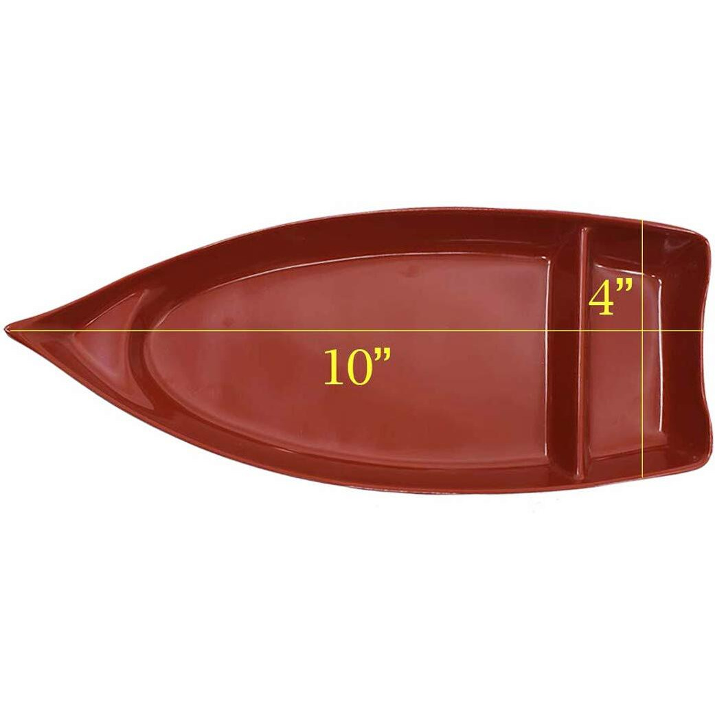 Happy Sales Hssb-10Rb  Sushi Boat Shape Plate Sushi Sashimi Serving Plate Melamine Plastic Tray 10 X 4.5 Inch (Red Black)