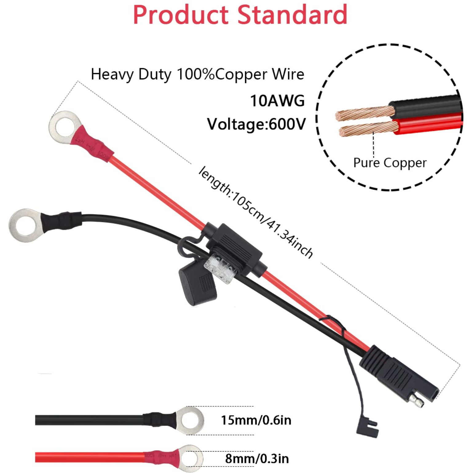 Billion Wealth 10Awg 3.3Ft Sae To O Ring Connecters Extension Cord Cable Connector Compatible With Battery Charger/Maintainer (10Awg 3.3Ft)
