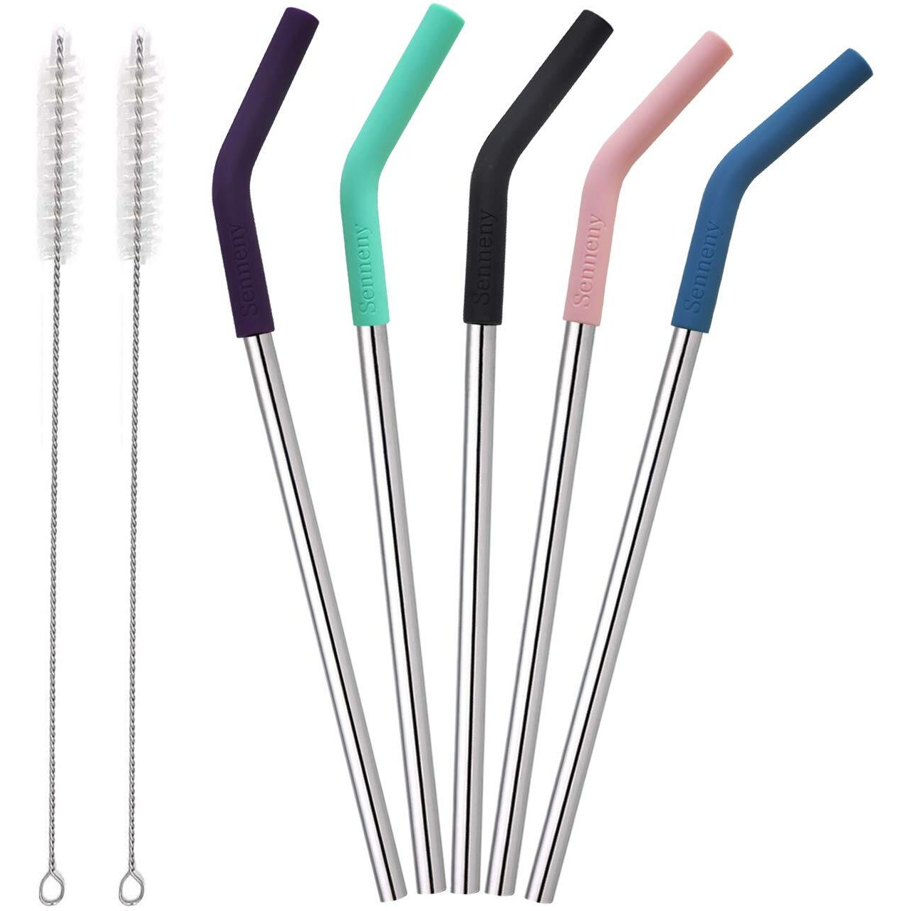 Senneny Set Of 5 Stainless Steel Straws With Silicone Flex Tips Elbows Cover  2 Cleaning Brushes And 1 Portable Bag Included (Silver)- 8Mm Diameter