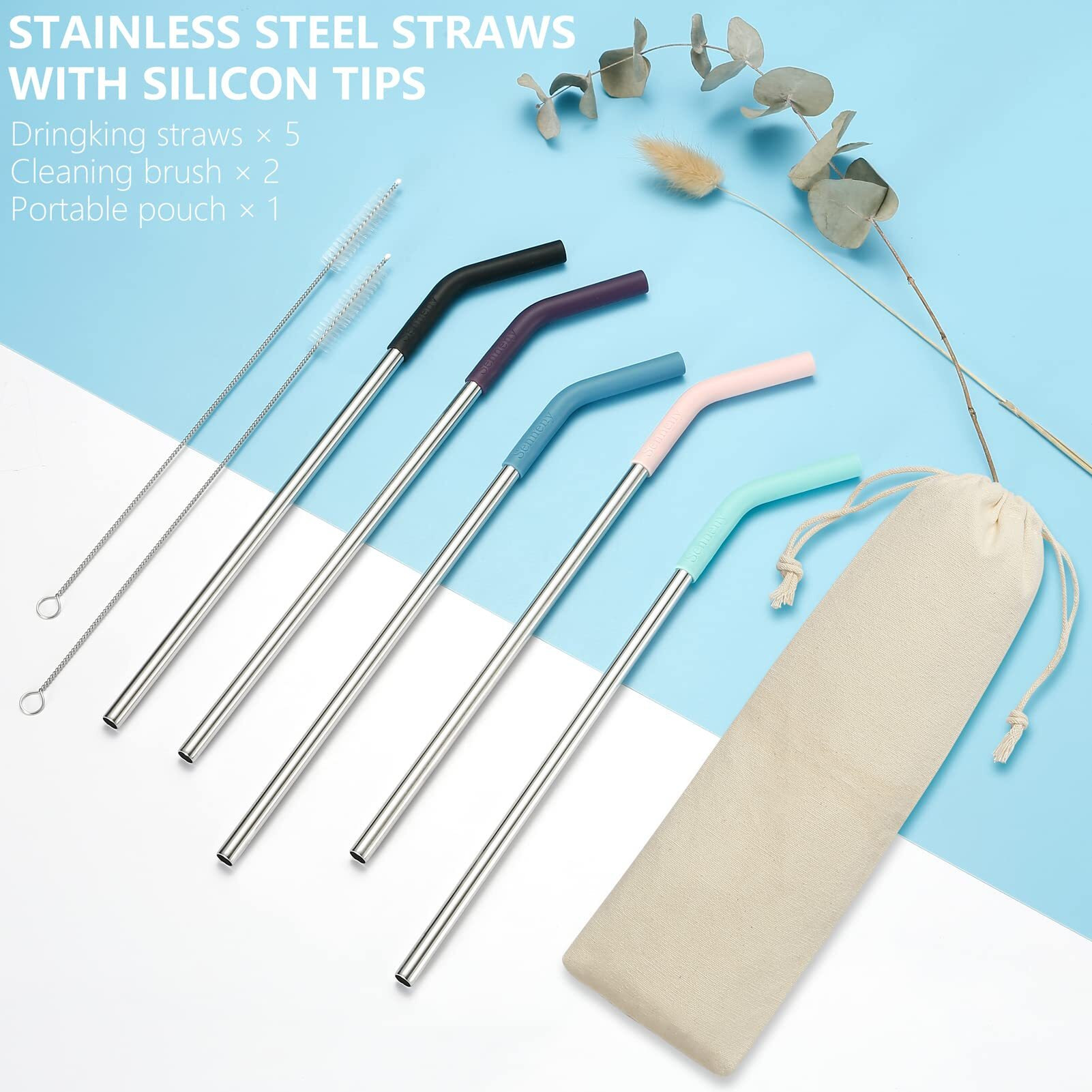 Senneny Set Of 5 Stainless Steel Straws With Silicone Flex Tips Elbows Cover  2 Cleaning Brushes And 1 Portable Bag Included (Silver)- 8Mm Diameter