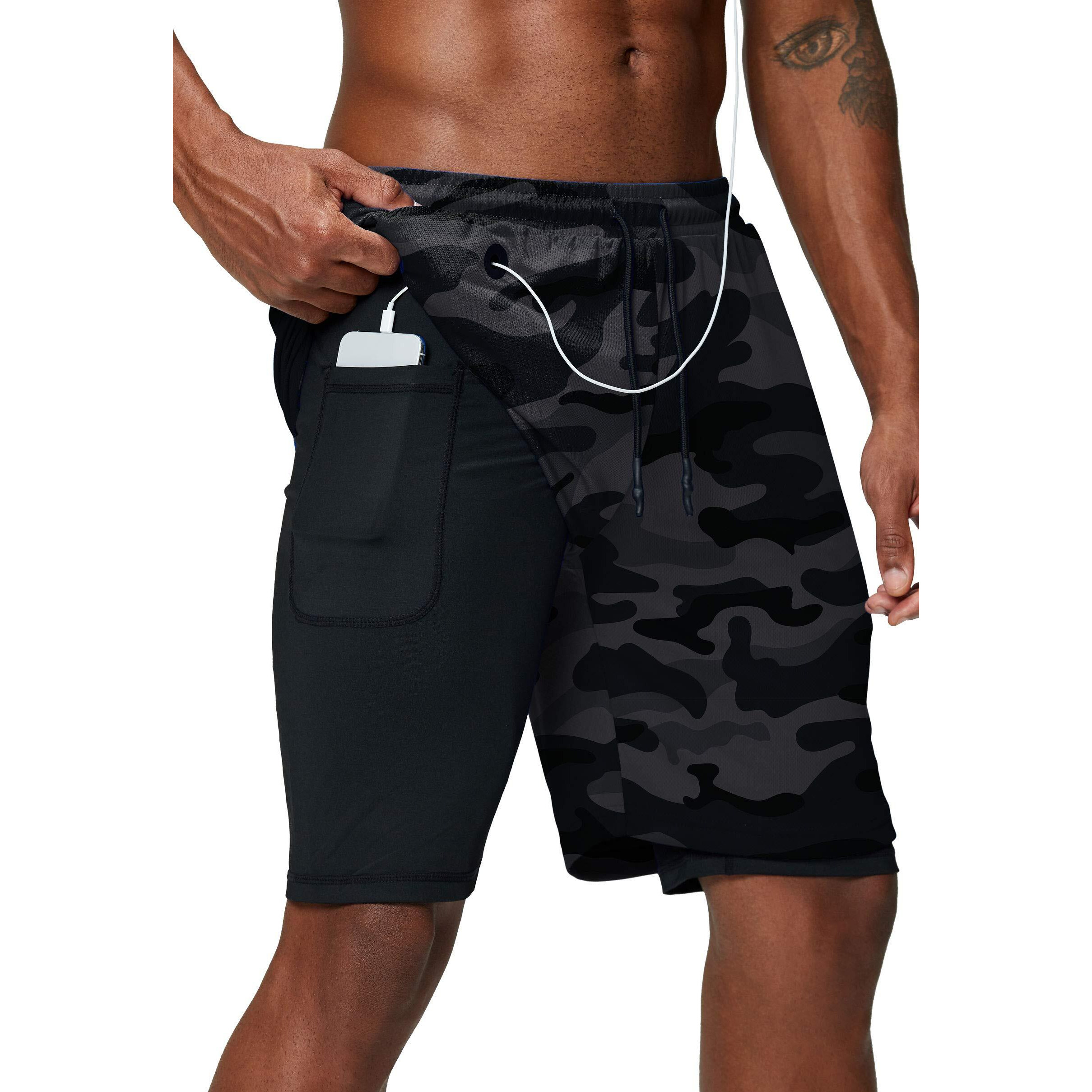 Pinkbomb Men's 2 In 1 Running Shorts Gym Workout Quick Dry Mens Shorts With Phone Pocket (Grey Camo  Xx-Large