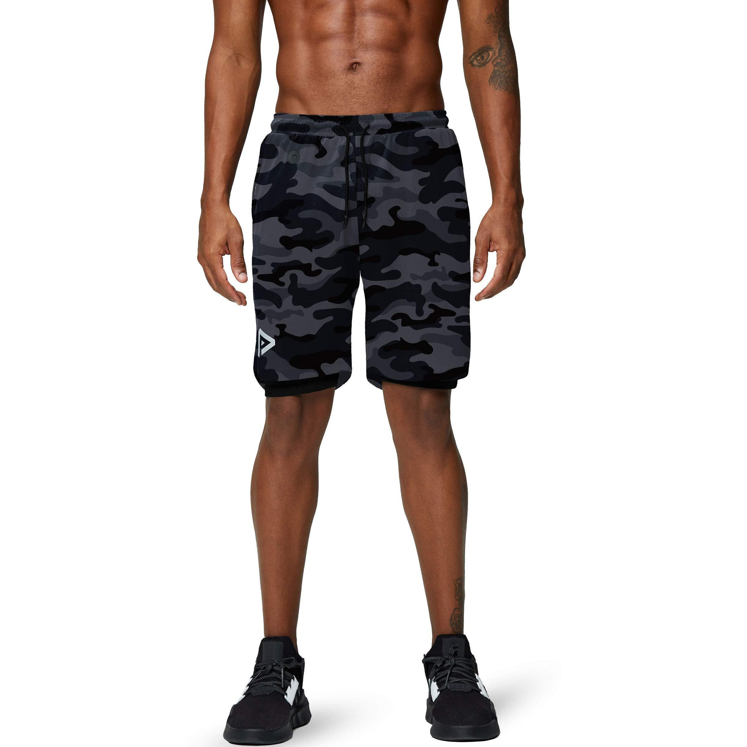Pinkbomb Men's 2 In 1 Running Shorts Gym Workout Quick Dry Mens Shorts With Phone Pocket (Grey Camo  Xx-Large