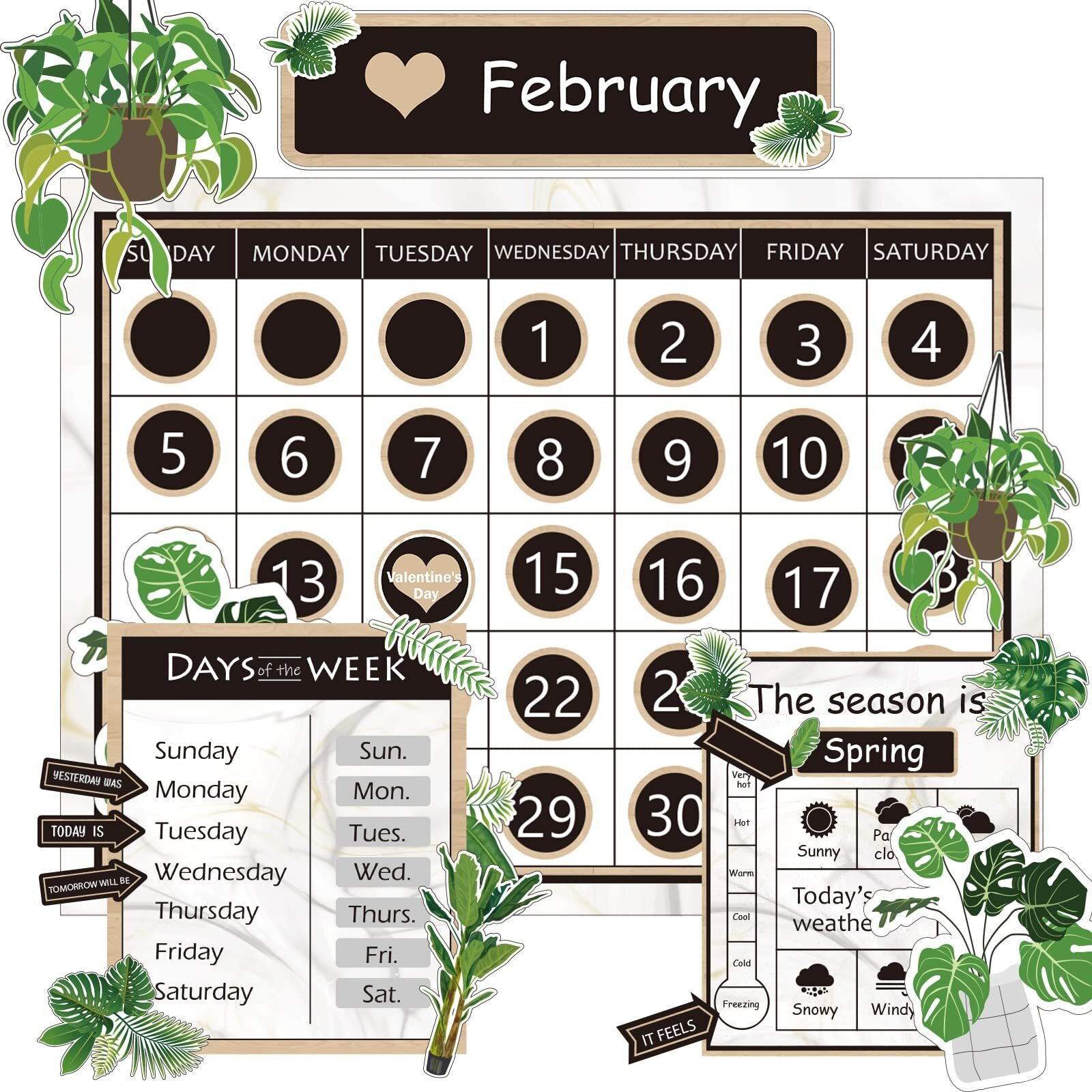 Boho Greenery Calendar Bulletin Board Set Simply Ctp Bulletin Board Calendar Seasons Weather Chart Green Classroom Decoration With Season  Weather And Days Of The Week Chart  Back To School Decoration
