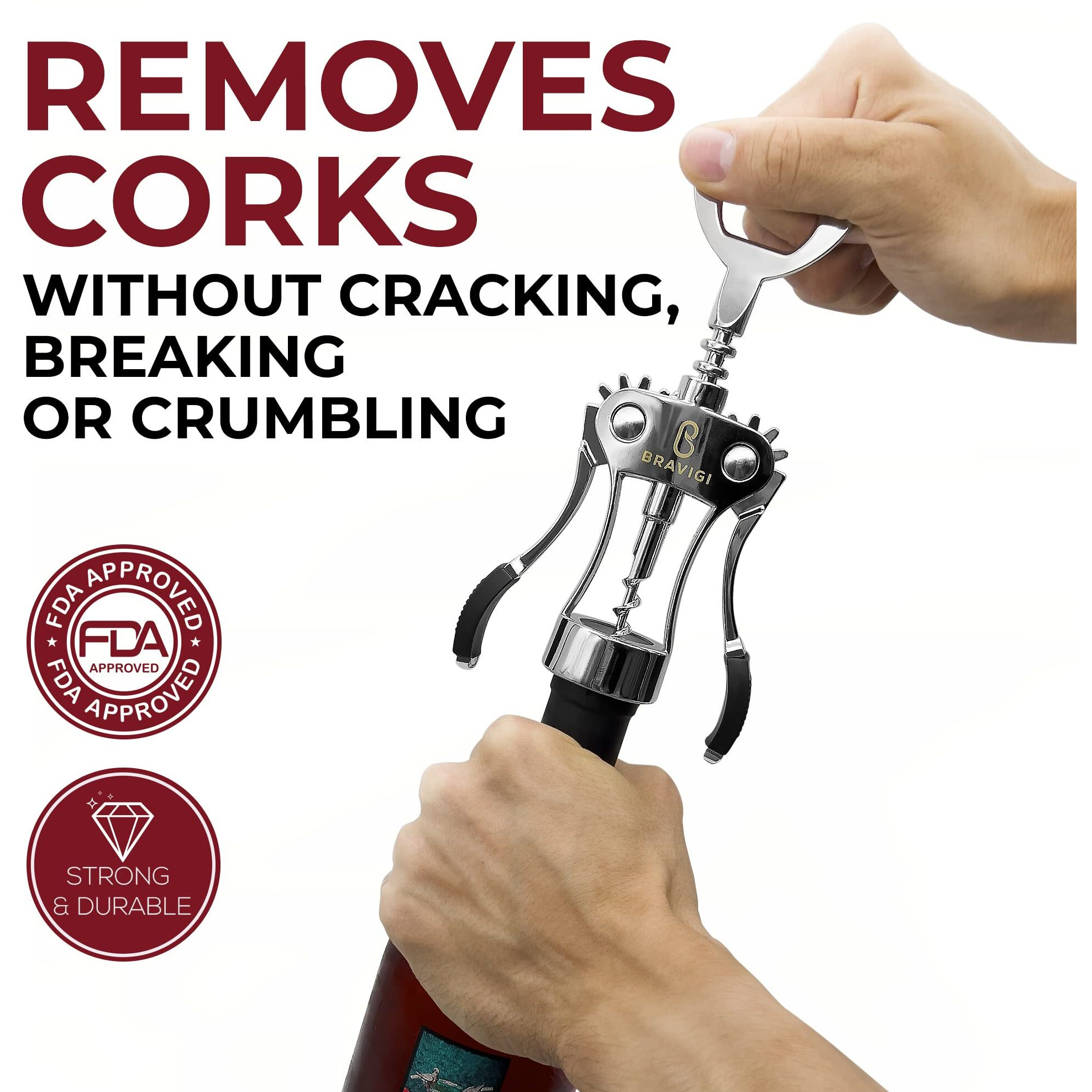 Premium Wine Opener  Wing Corkscrew - Made W/Heavy Duty Stainless Steel Screw & Zinc Alloy Body - Perfect Corkscrew To Open Wine & Beer Bottles - Great Bootle Opener For Bartenders  Restaurants & Home