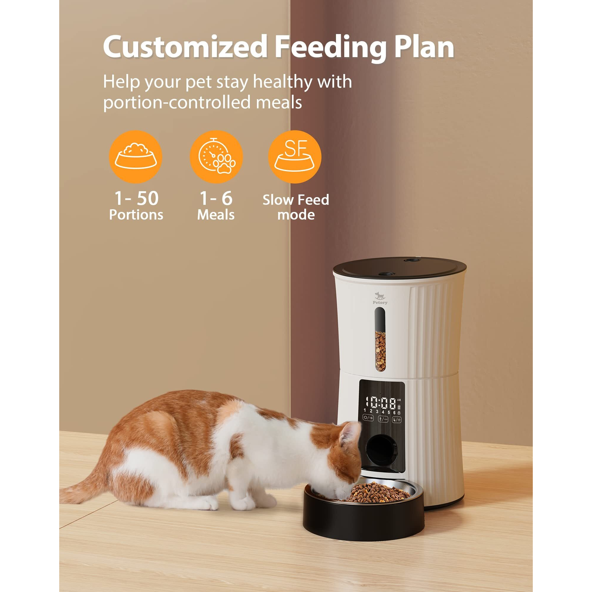 Petory Timed Automatic Cat Feeders - 4L Programable Dry Food Dispenser For Cats And Small Medium Dogs 6 Meals With Desiccant Bag Dual Power Supply 10S Voice Recorder