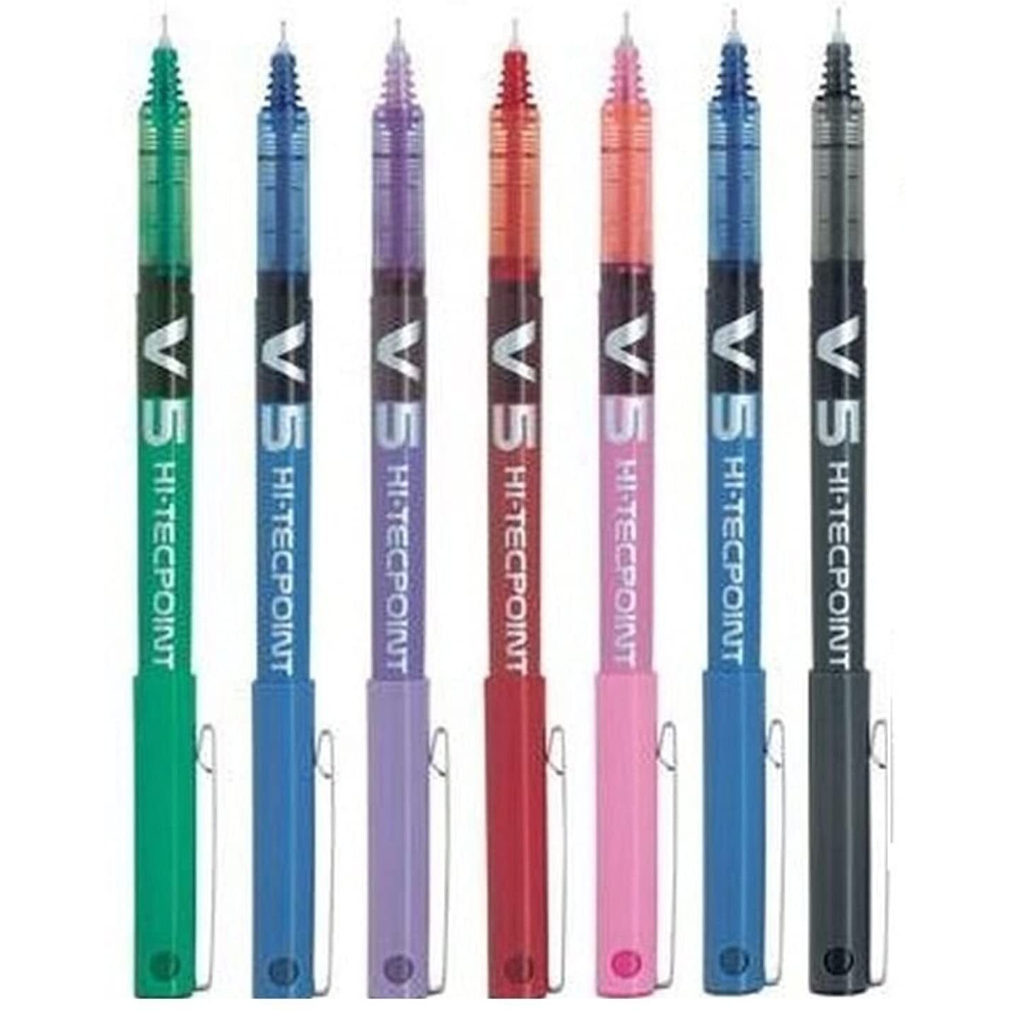 Pilot Bx V5 Assorted Colour Pack Hi-Tecpoint Extra Fine Rollerball Pen 0.5Mm Nib Tip 0.3Mm Line Width (Black Red Blue Green Violet Pink Light Blue) 1 Of Each Colour (7 Pens) Assorted Pack