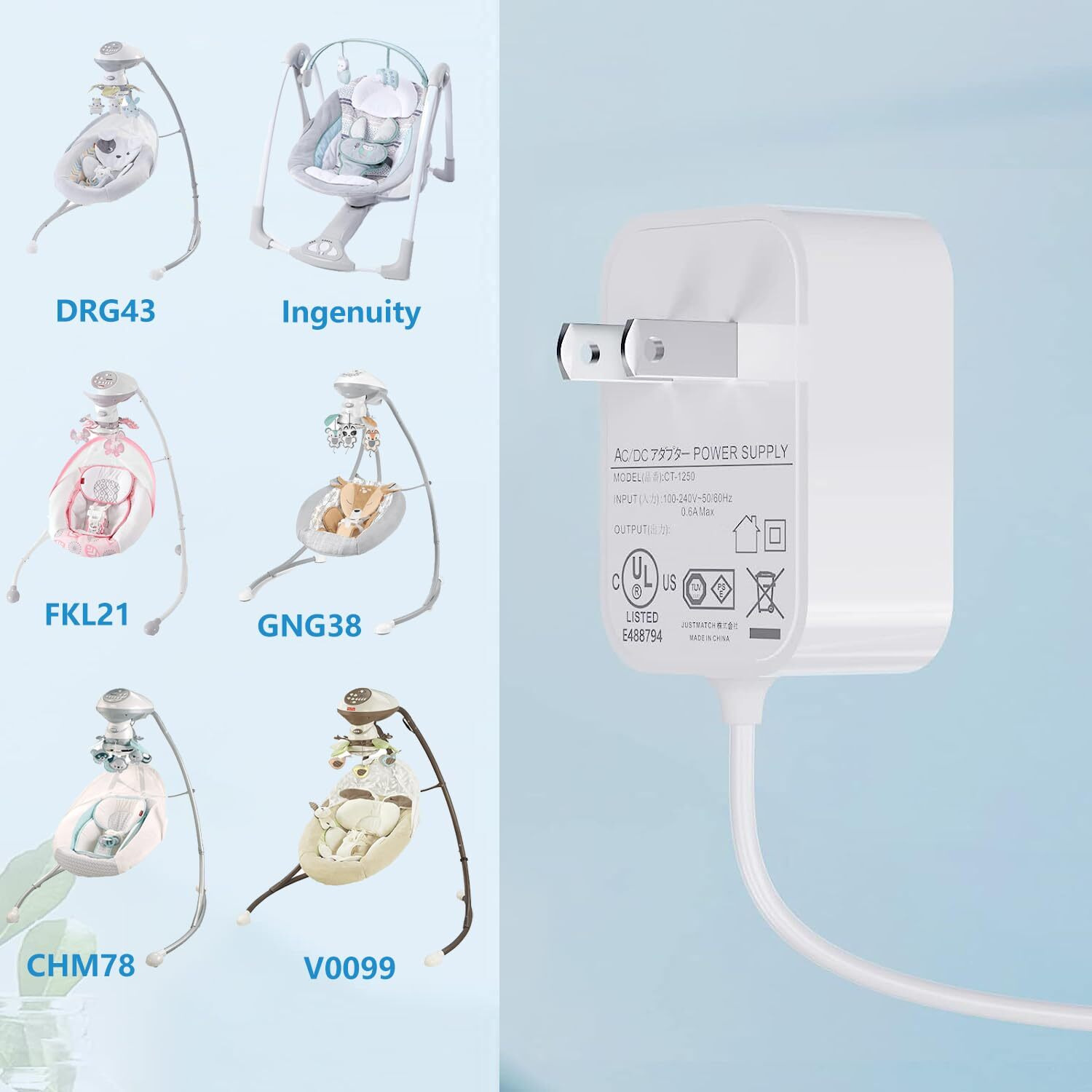 Vhbw For Fisher Price Swing Adapter Cord 6V Power Cord For Fisher Price Ingenuity Cradle Swing  Rainforest Cradle Swing  Butterfly Ocean Wonders For Fisher Price Swing Power Adapter Cord 6.5Ft