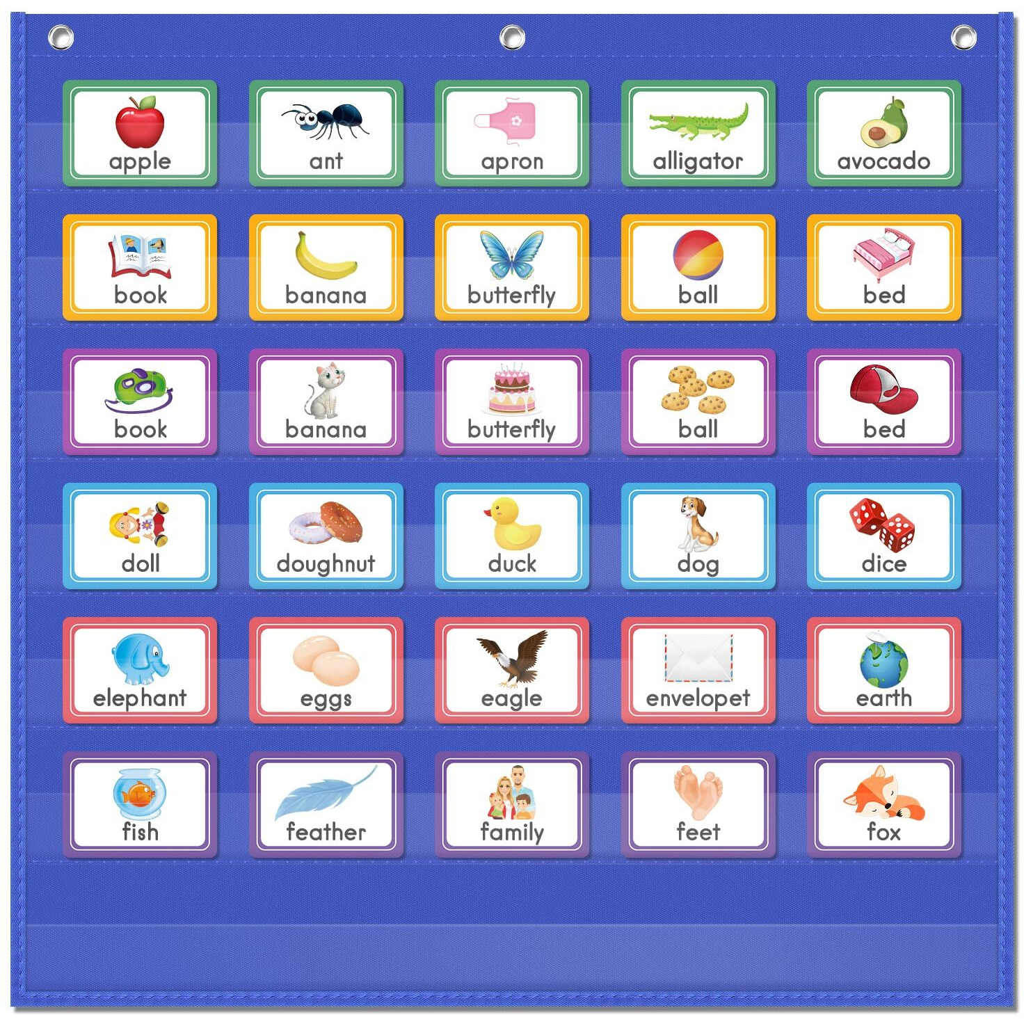 Auvcas Vnom Standard Pocket Chart Clear7 Pockets Chart For Classroom & Home Heavy Duty Hanging Pocket Chart For Word Wall/Letter Cards/Sentence Strips (28Wx28L  Blue)