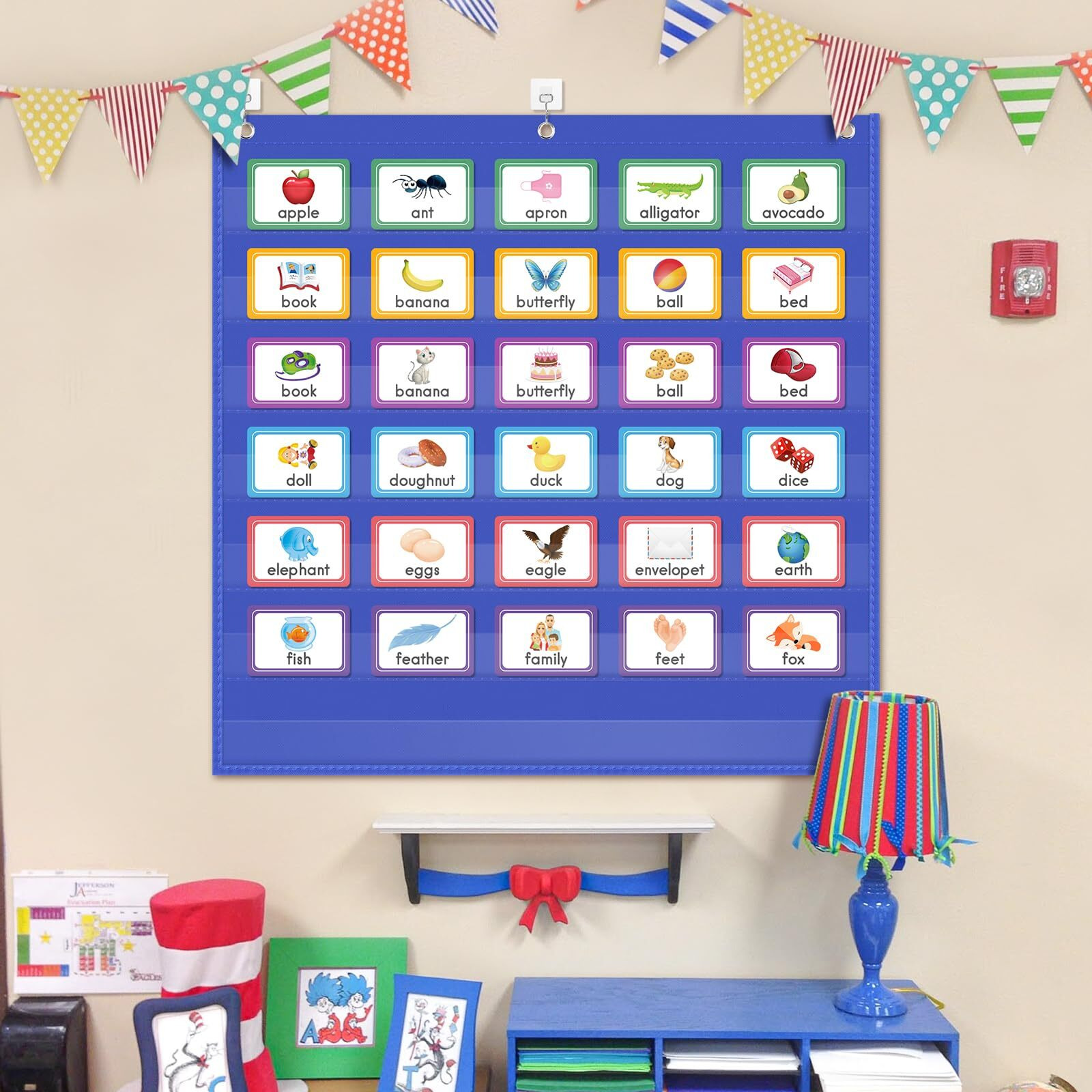 Auvcas Vnom Standard Pocket Chart Clear7 Pockets Chart For Classroom & Home Heavy Duty Hanging Pocket Chart For Word Wall/Letter Cards/Sentence Strips (28Wx28L  Blue)