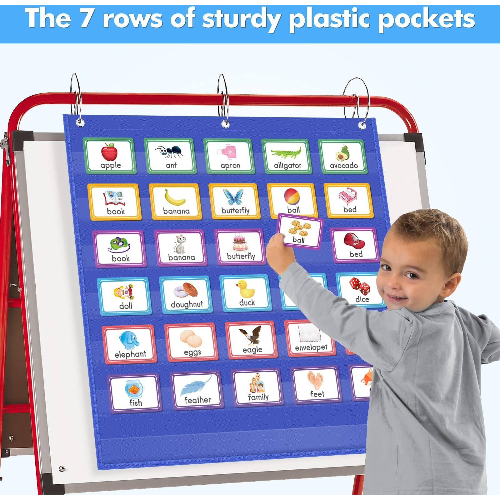 Auvcas Vnom Standard Pocket Chart Clear7 Pockets Chart For Classroom & Home Heavy Duty Hanging Pocket Chart For Word Wall/Letter Cards/Sentence Strips (28Wx28L  Blue)
